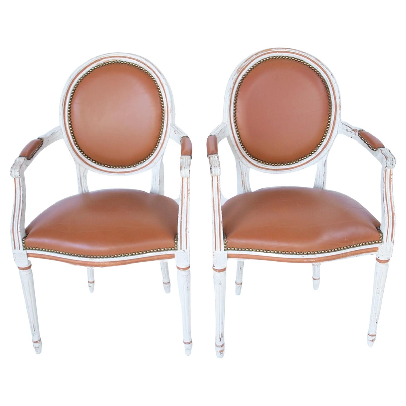 Pair of Painted Fauteuils Upholstered in Leather with Nailheads