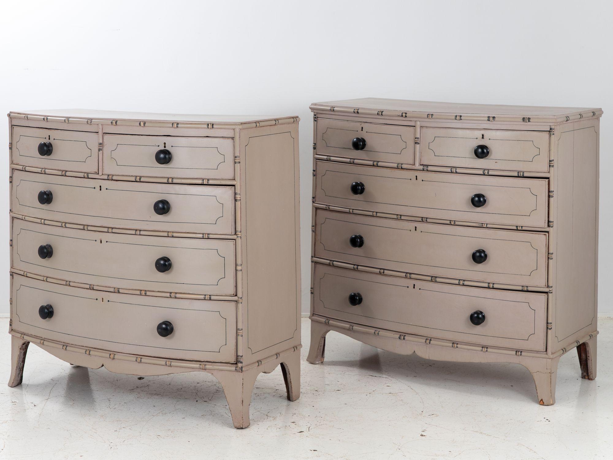 Elevate your interior with this exquisite pair of painted bowfront French chests of drawers, exuding timeless elegance in an updated chinoiserie style. Crafted with meticulous attention to detail, these chests feature graceful splay legs and