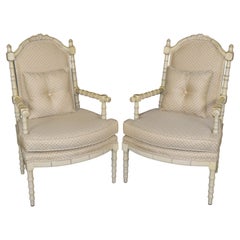 Pair of Painted Faux Bamboo Hollywood Regency French Inspired Armchairs