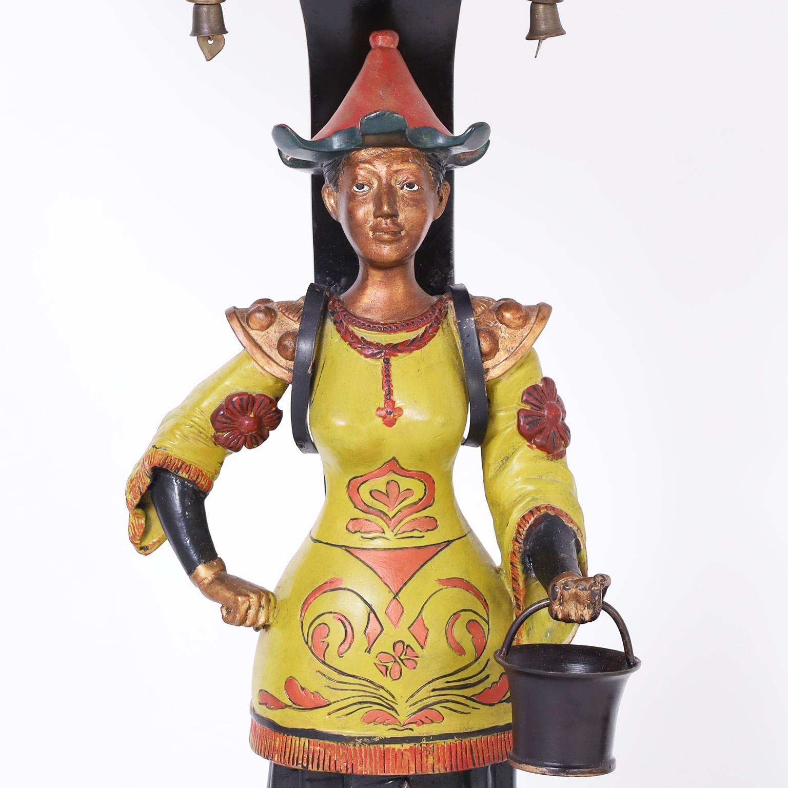 Thai Pair of Painted Figural Table Lamps For Sale