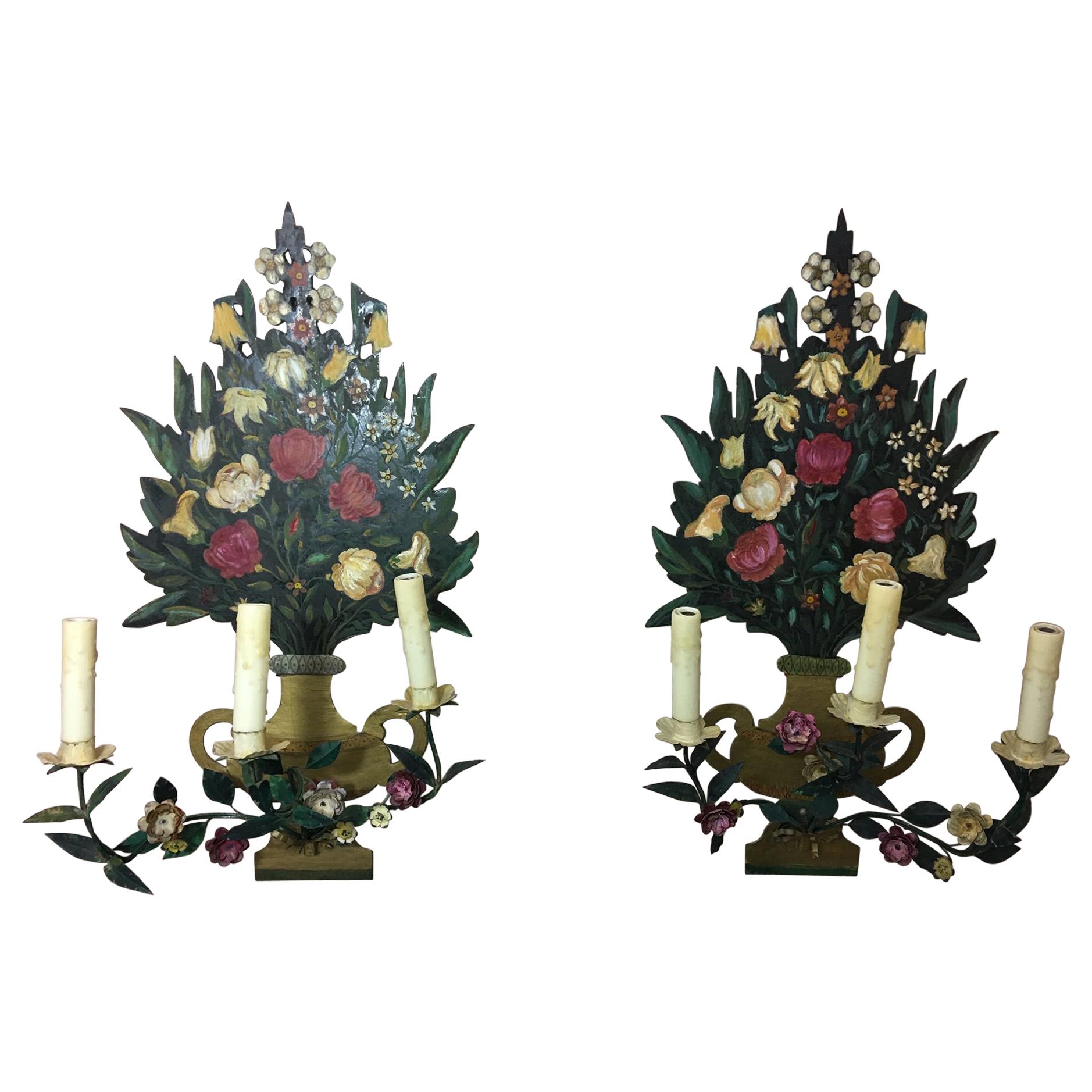 Pair of Painted Flower Back Three-Light Wall Sconces, Mid-20th Century