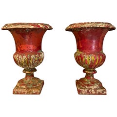 Pair of Painted French 19th Century Cast Iron Urns
