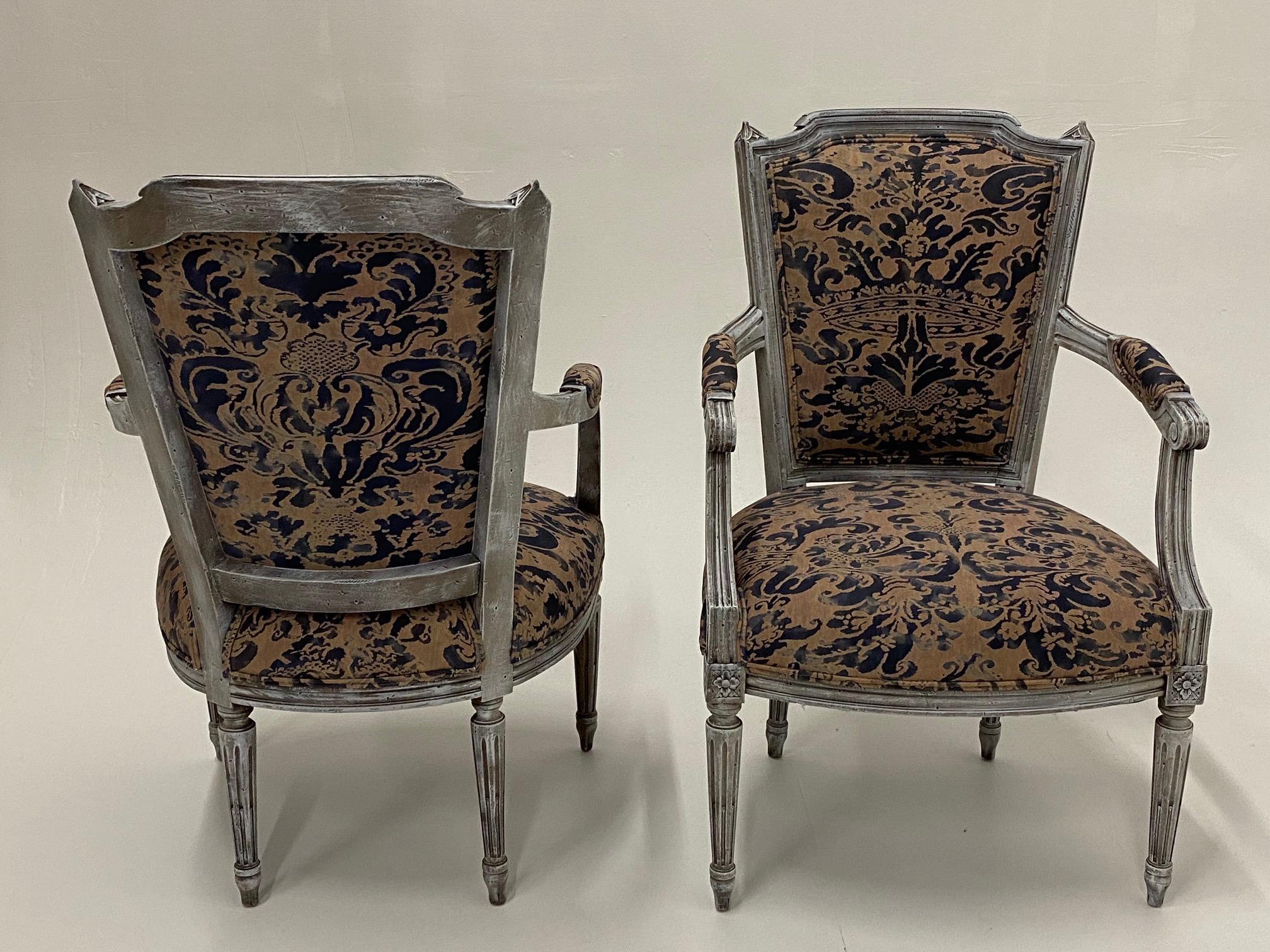 Pair of Painted French Armchairs Fauteuils with Fortuny Upholstery For Sale 4