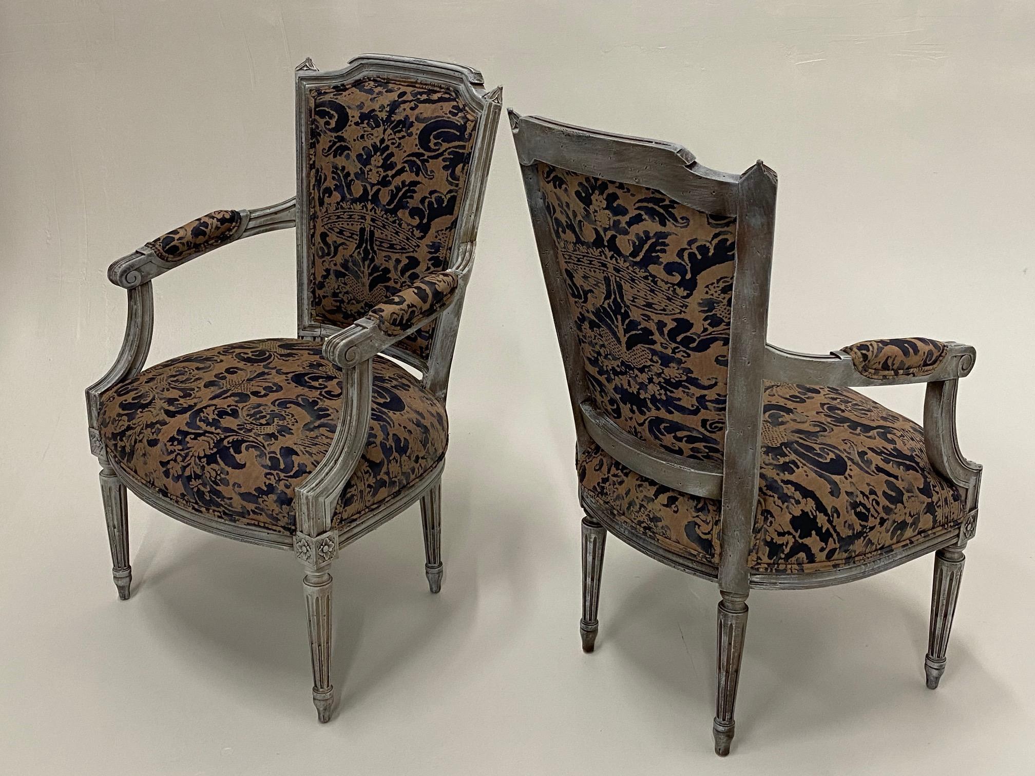 Pair of Painted French Armchairs Fauteuils with Fortuny Upholstery For Sale 8