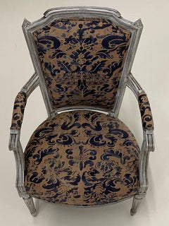 Pair of Painted French Armchairs Fauteuils with Fortuny Upholstery