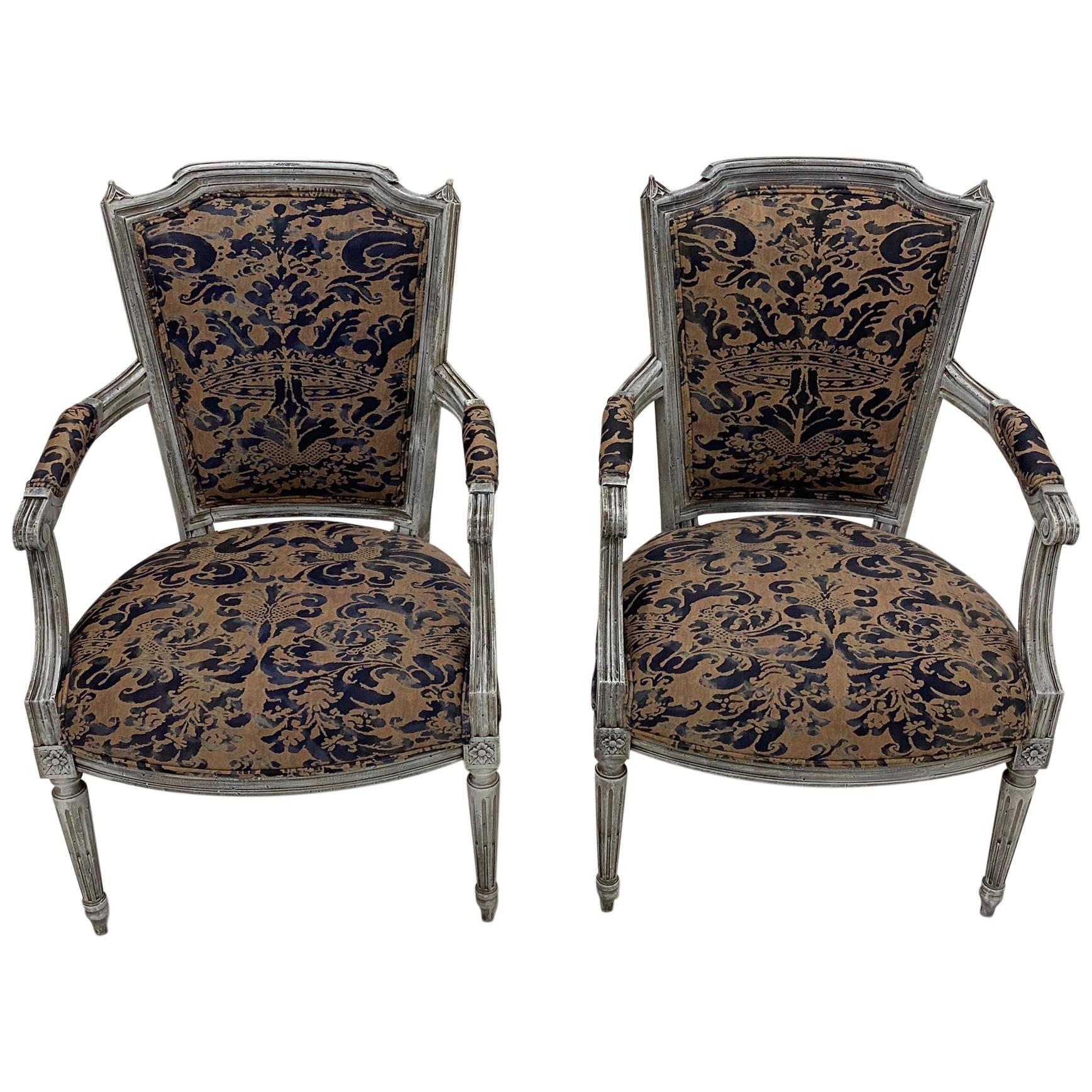 Pair of Painted French Armchairs Fauteuils with Fortuny Upholstery