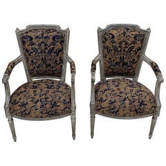 Vintage Pair of Painted French Armchairs Fauteuils with Fortuny Upholstery