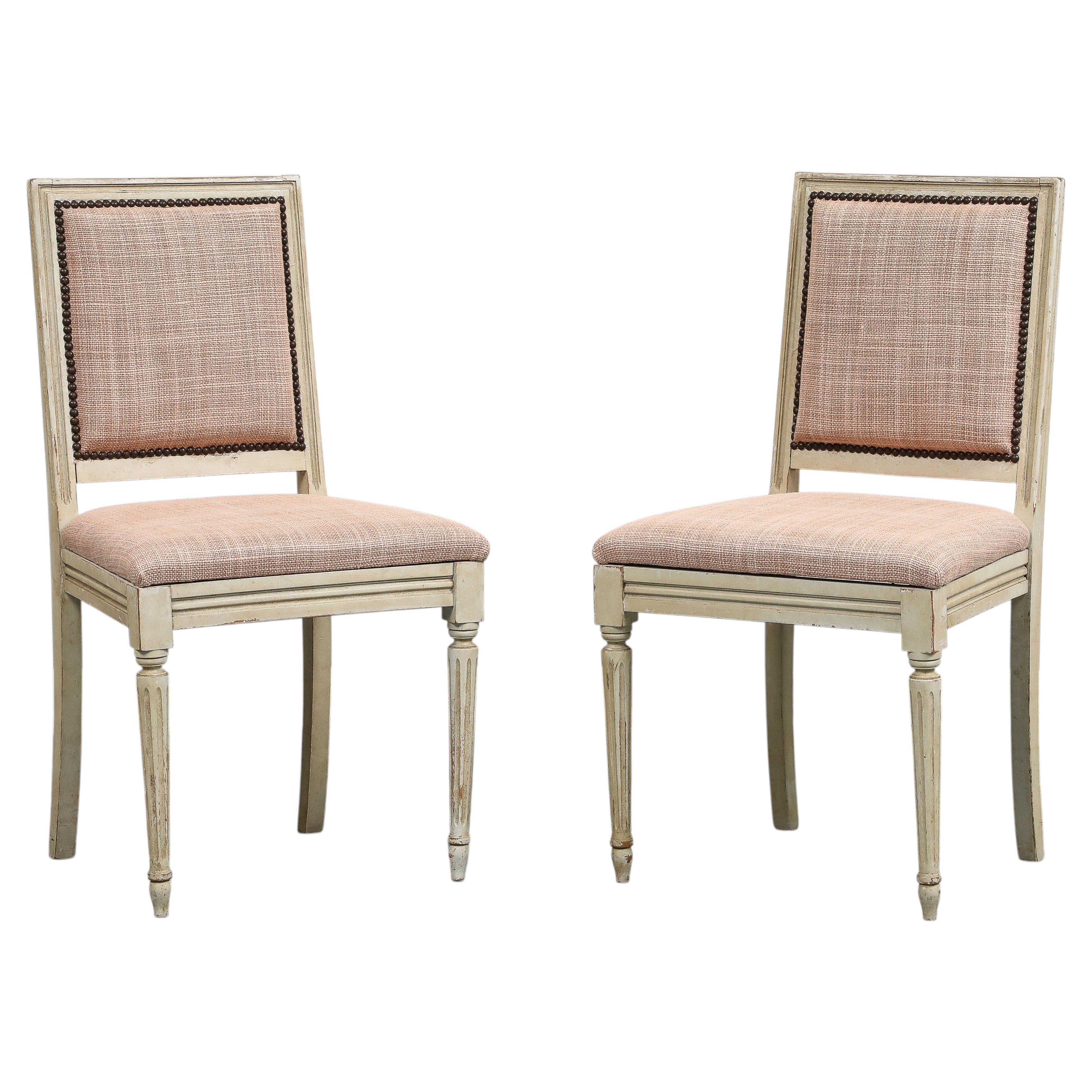 Pair of Painted French Louis XVI Style Side Chairs in Rose Tarlow Blush Linen