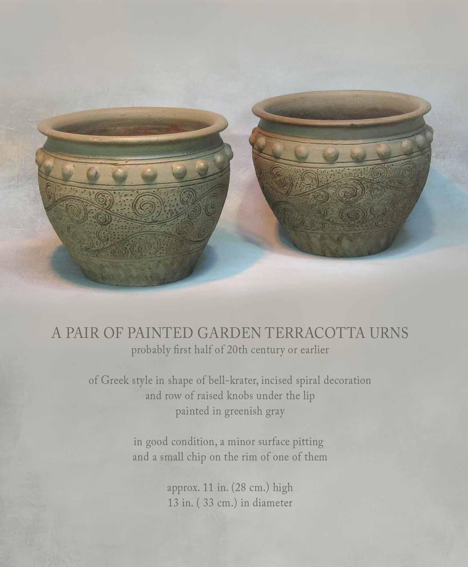 20th Century Pair of Painted Garden Terracotta Urns