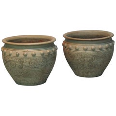 Pair of Painted Garden Terracotta Urns