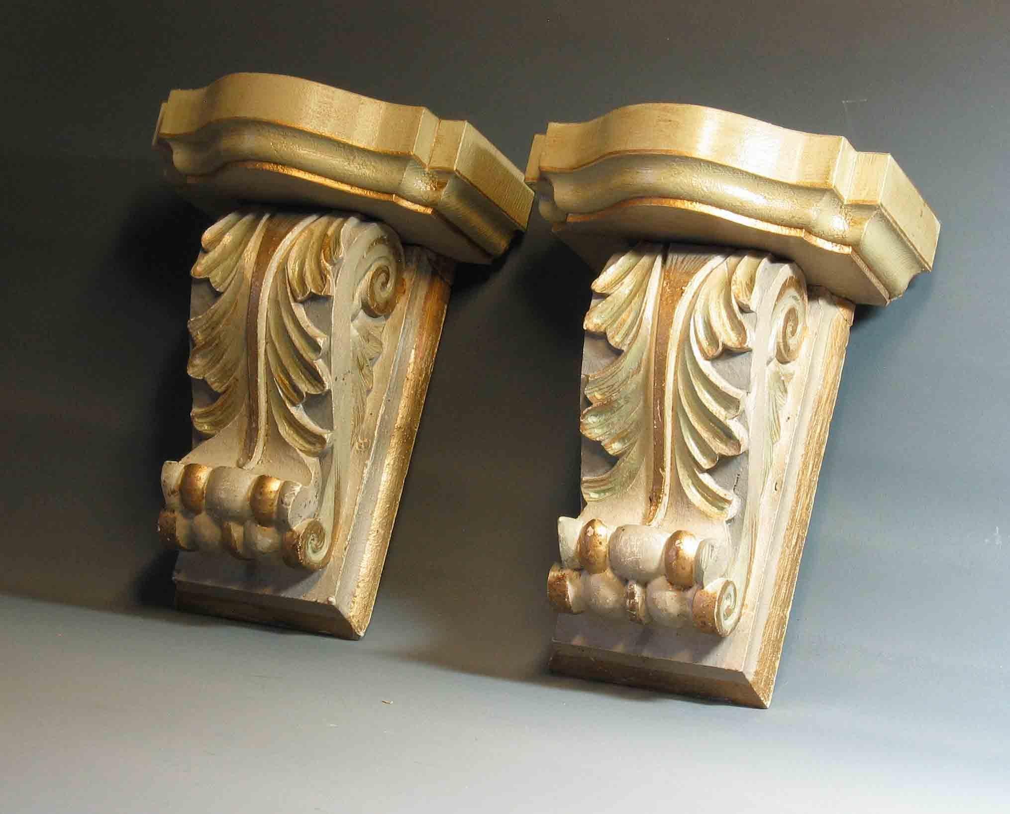 Pair of Painted and Gilt Carved Wood Wall Brackets in the Style of William Kent 2