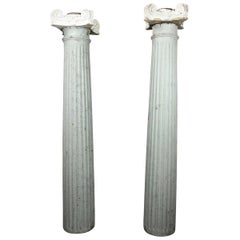 Vintage Pair of Painted Grey and White Wood Columns with Ionic Plaster and Wood Capitals