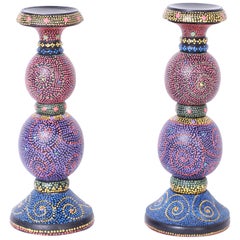 Pair of Painted Indian Candlesticks