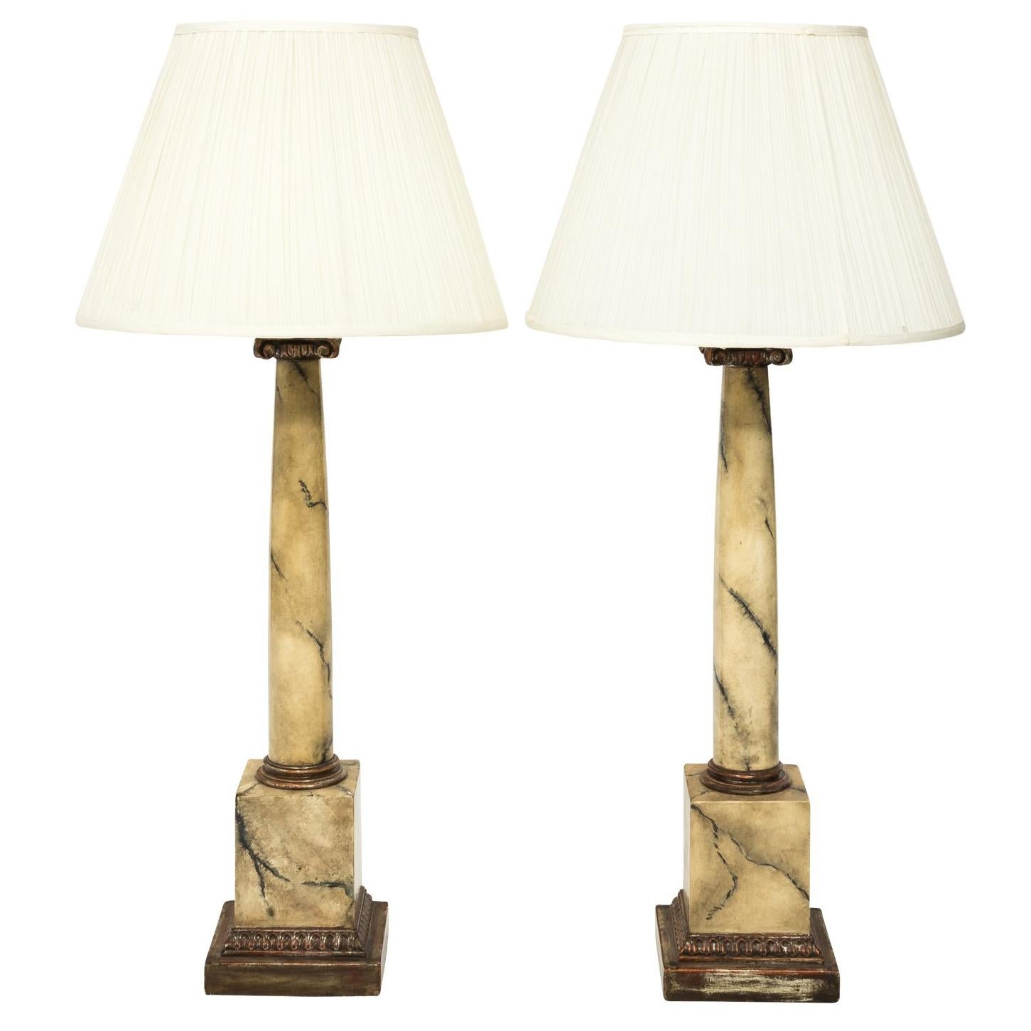 Pair Brass and Black Portoro Marble Ionic Column Table Lamps For Sale