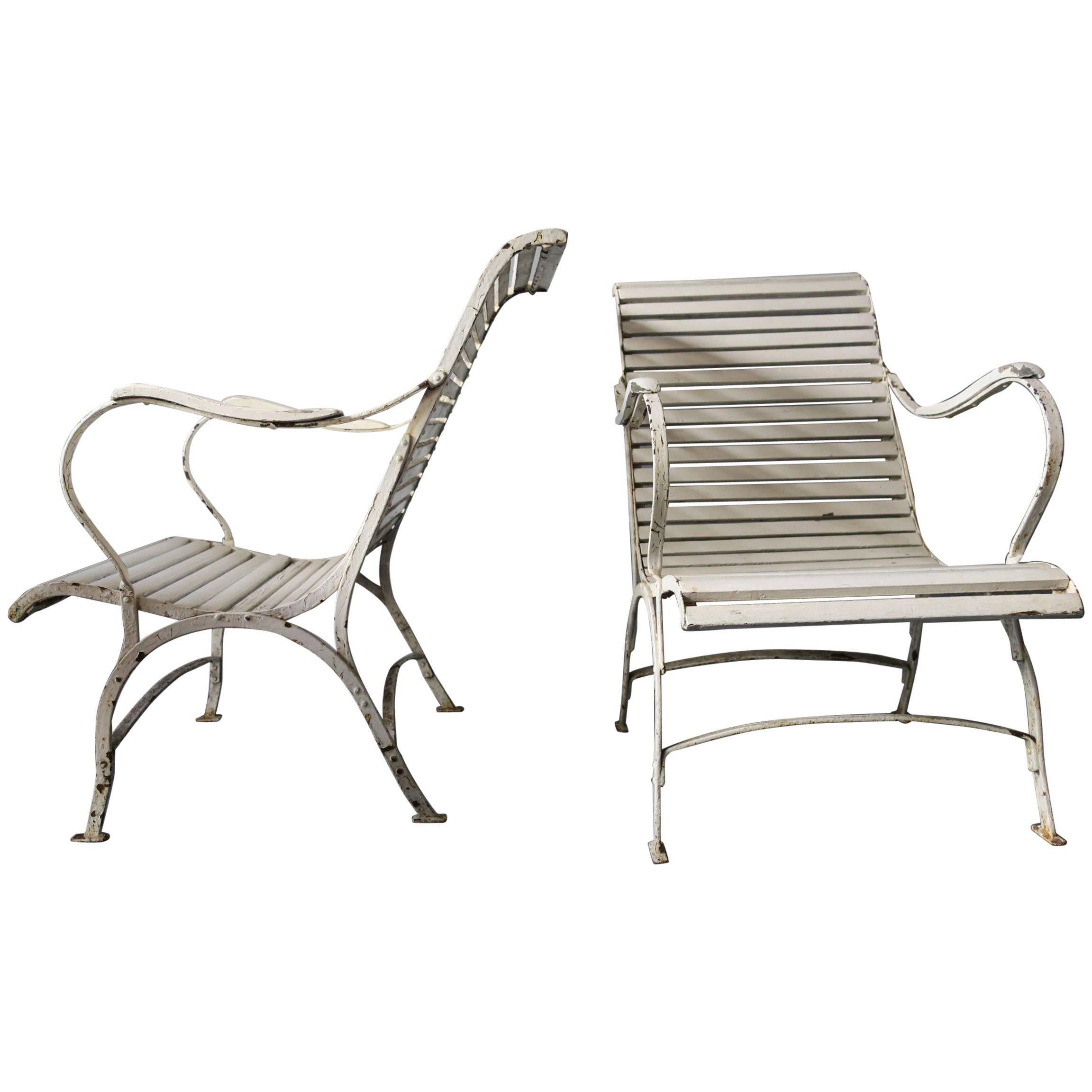 Pair of Painted Iron Garden or Patio Lounge Chairs, Early 20th Century