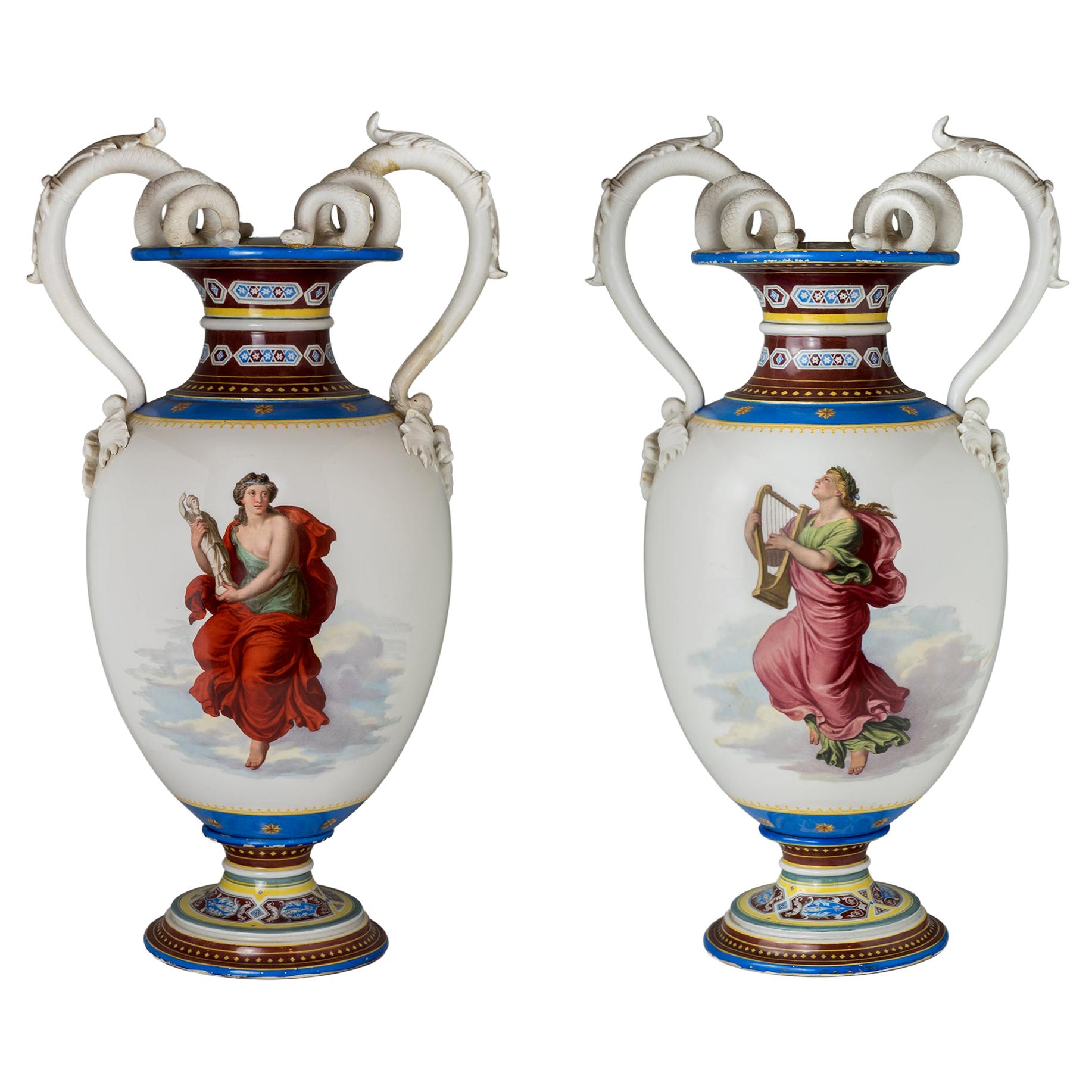Pair of Painted KPM Porcelain Vases For Sale