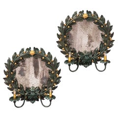 Pair of Painted Laurel Wreath Mirror Wall Lights or Sconces