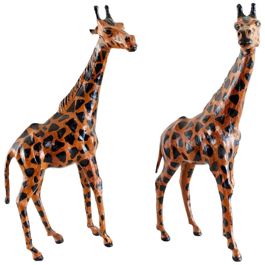 Pair of Painted Leather Giraffe Sculptures