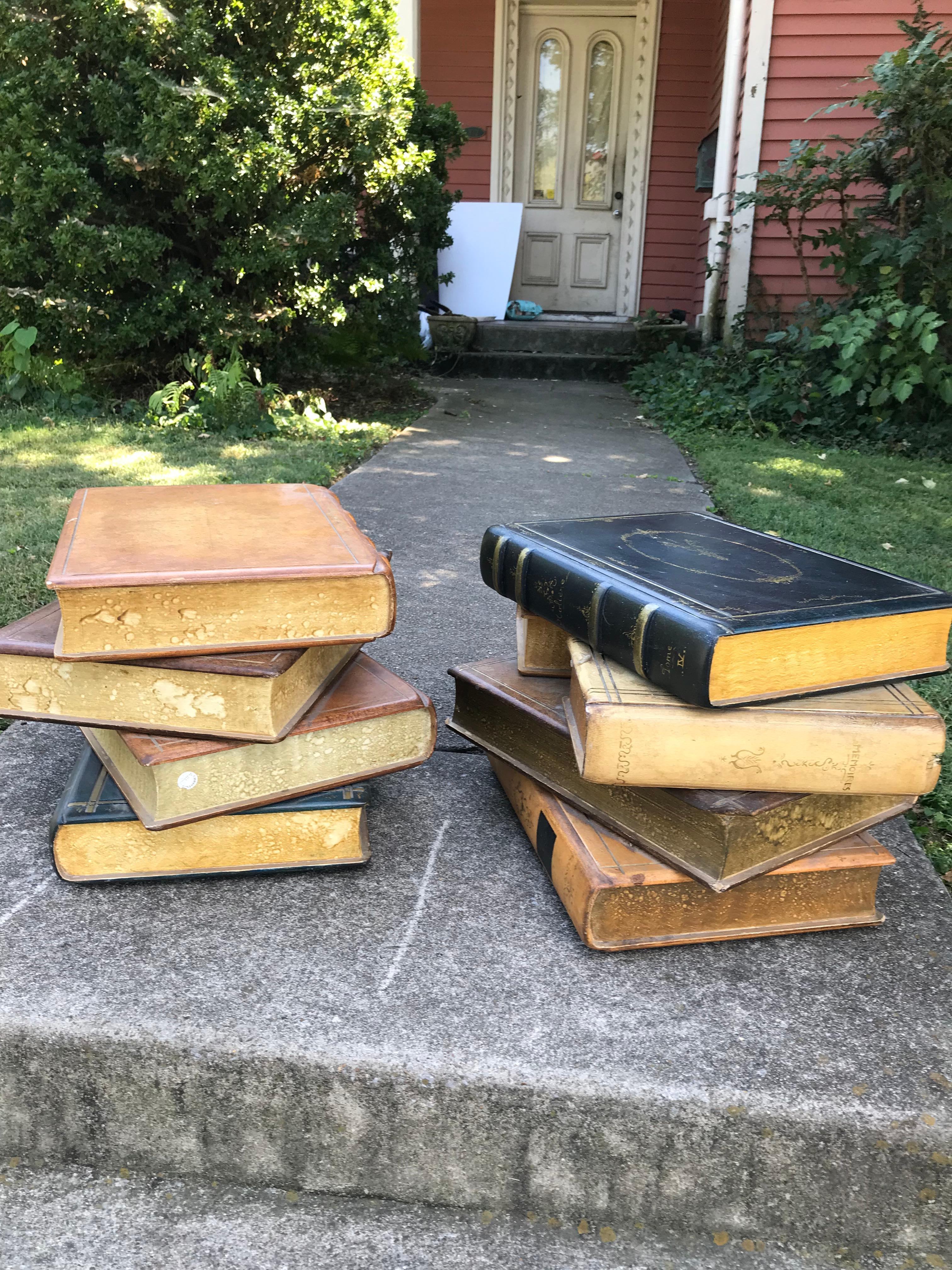 Colorful faux Books as low tables.these can be shipped by Ground courier such as UPS etc. please request quote from 1stDibs on home page under ‘ make offer ‘ .View options .

Provenance : Sir Rex Harrison , New York. Sculpted  and polychrome painted