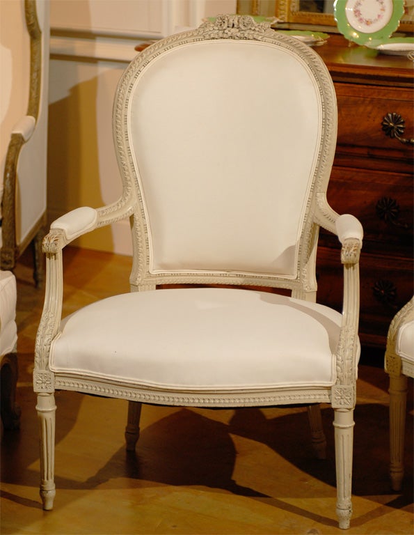 Upholstery Pair of French Louis XVI Style 19th Century Painted Armchairs with Carved Decor