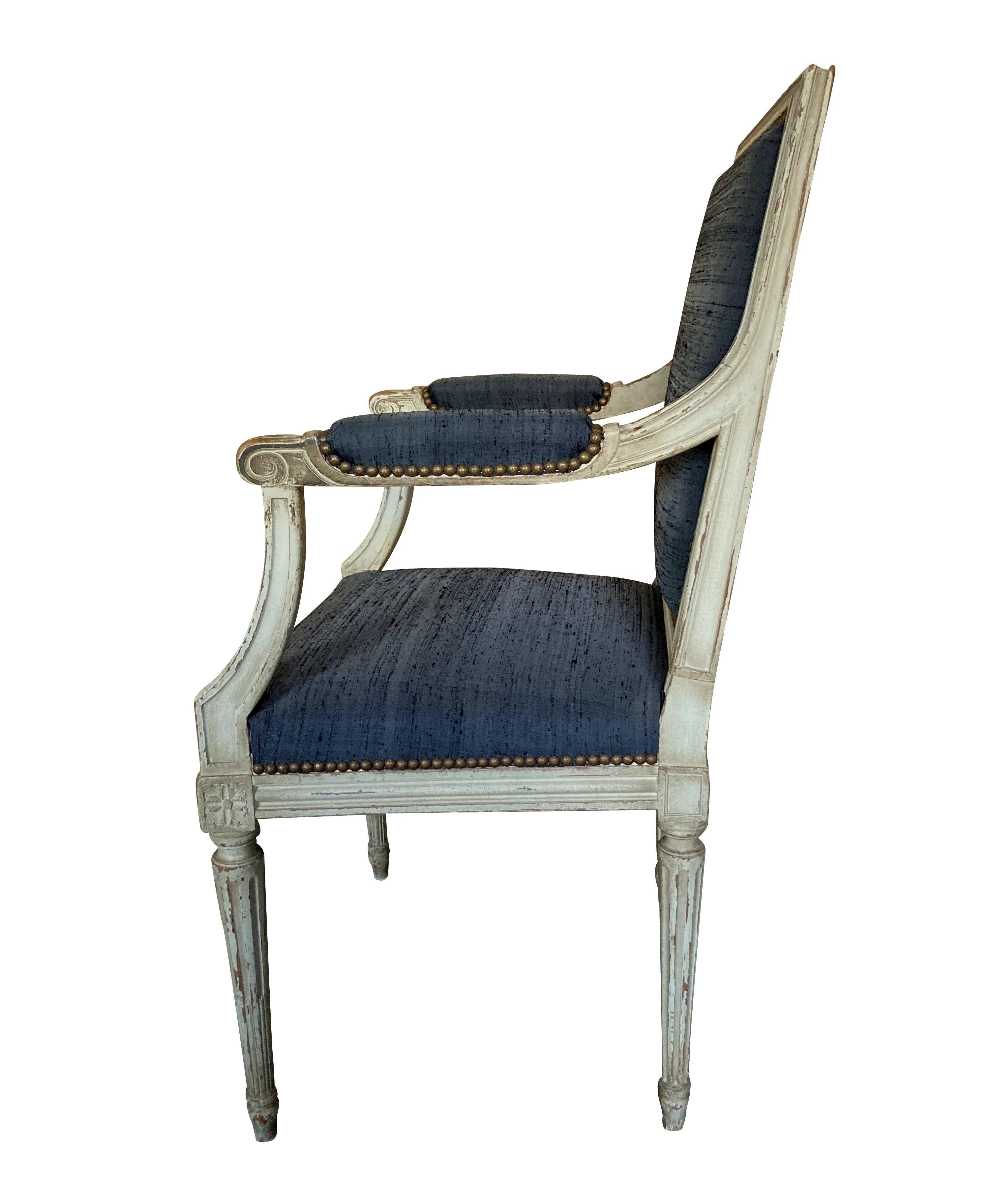 Pair of Painted Louis XVI Style Armchairs in Charcoal Silk In Good Condition In London, GB