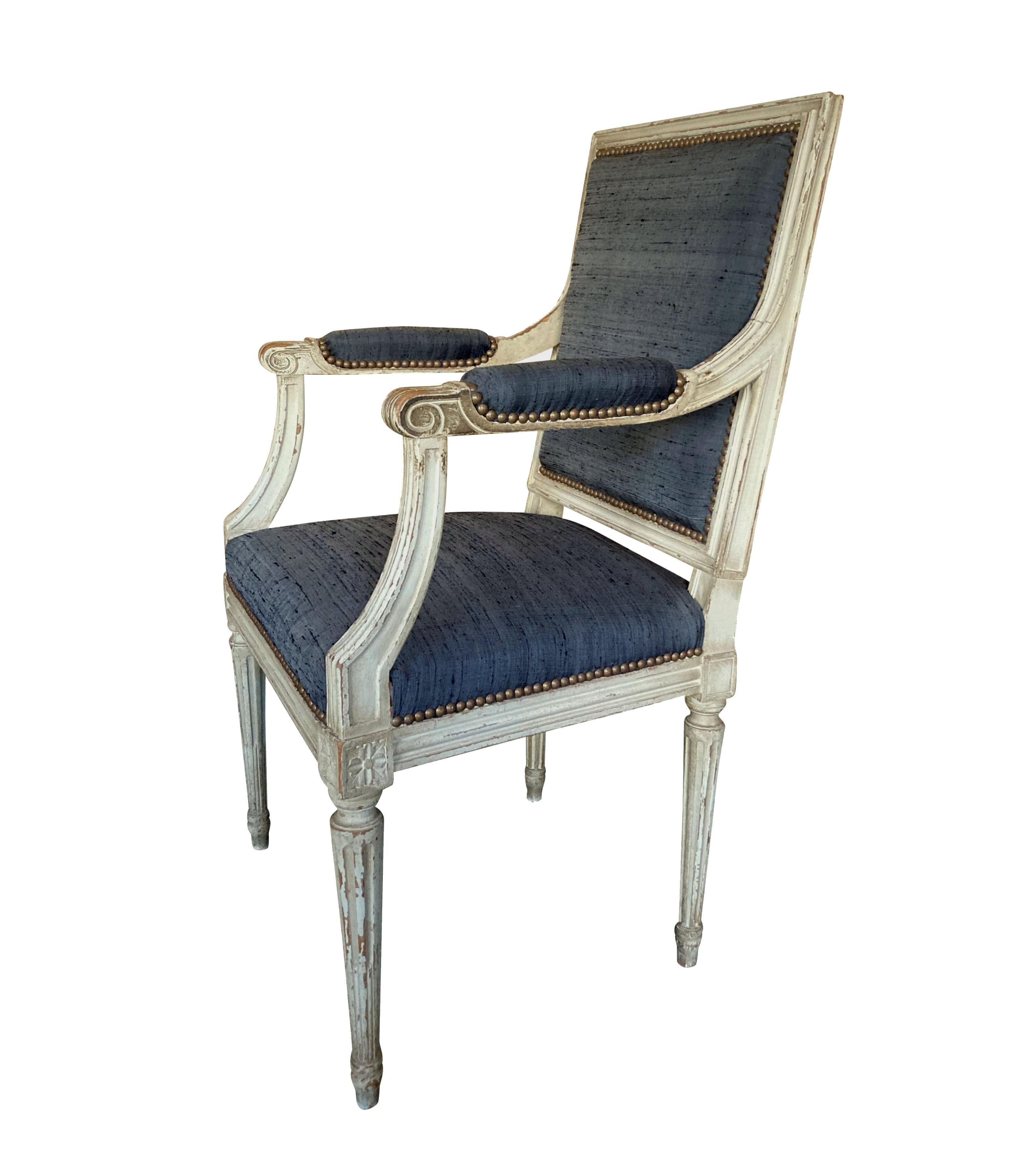 Early 20th Century Pair of Painted Louis XVI Style Armchairs in Charcoal Silk