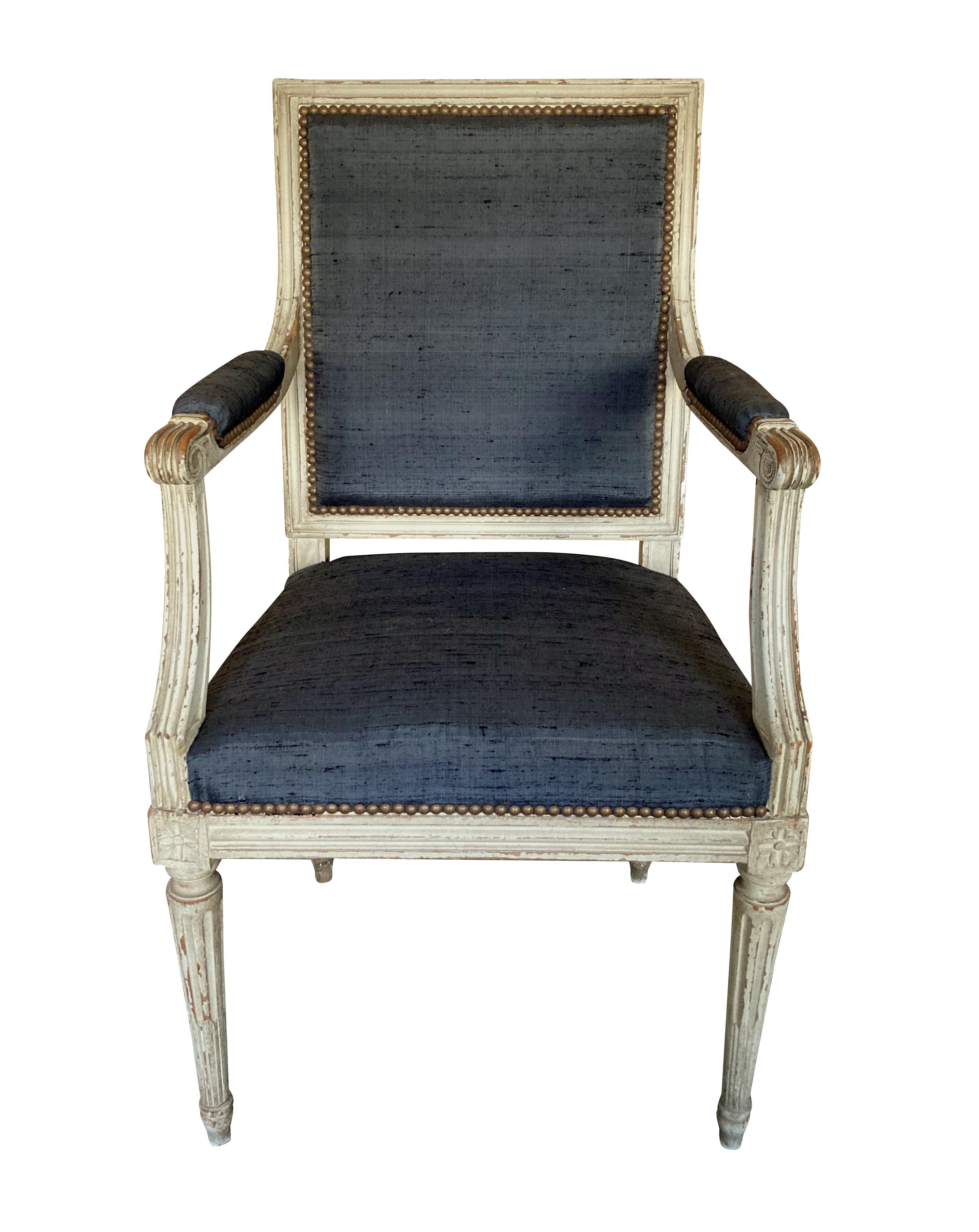 Fruitwood Pair of Painted Louis XVI Style Armchairs in Charcoal Silk