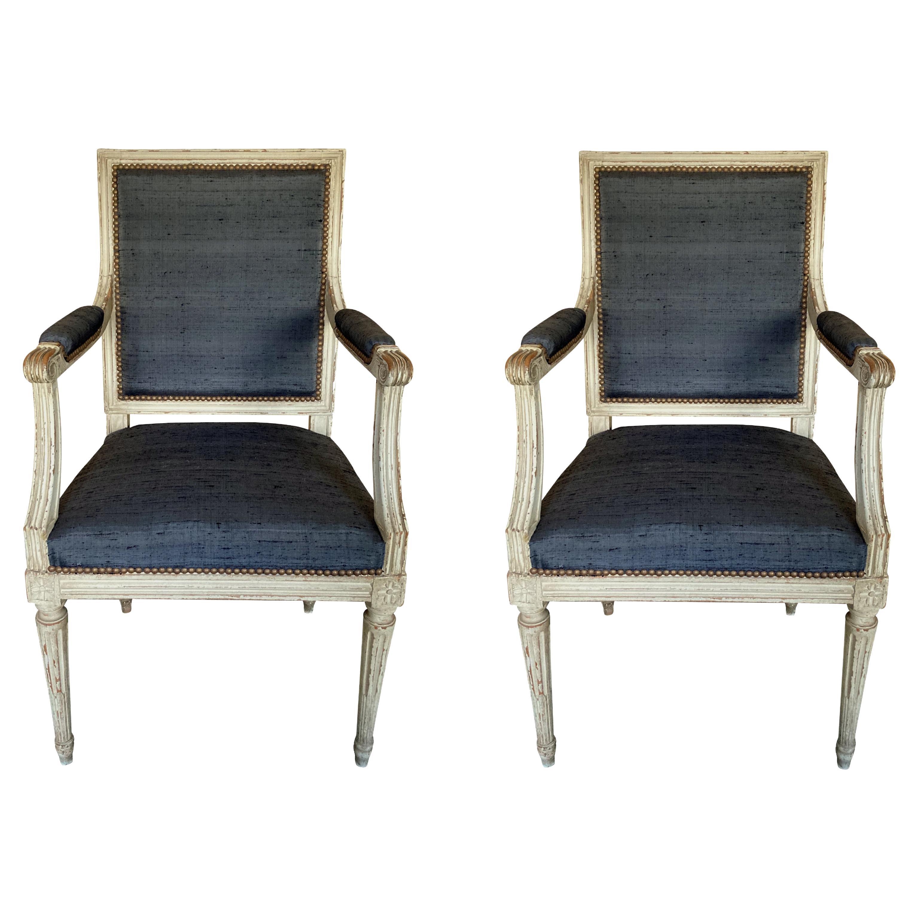 Pair of Painted Louis XVI Style Armchairs in Charcoal Silk