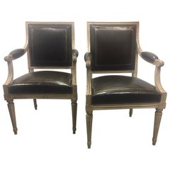 Pair of Painted Louis XVI Style Armchairs with Original Leather Upholstery