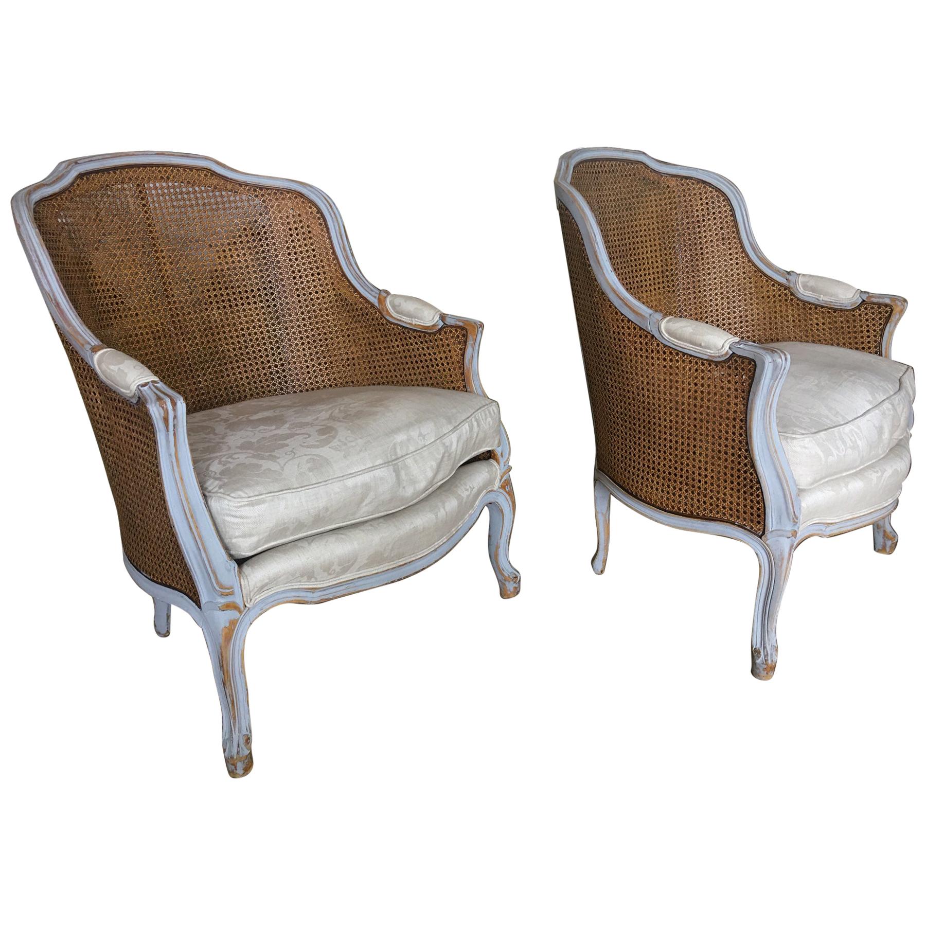 Pair of Painted Louis XVI Style Cane Back Side Chairs, Early 20th Century