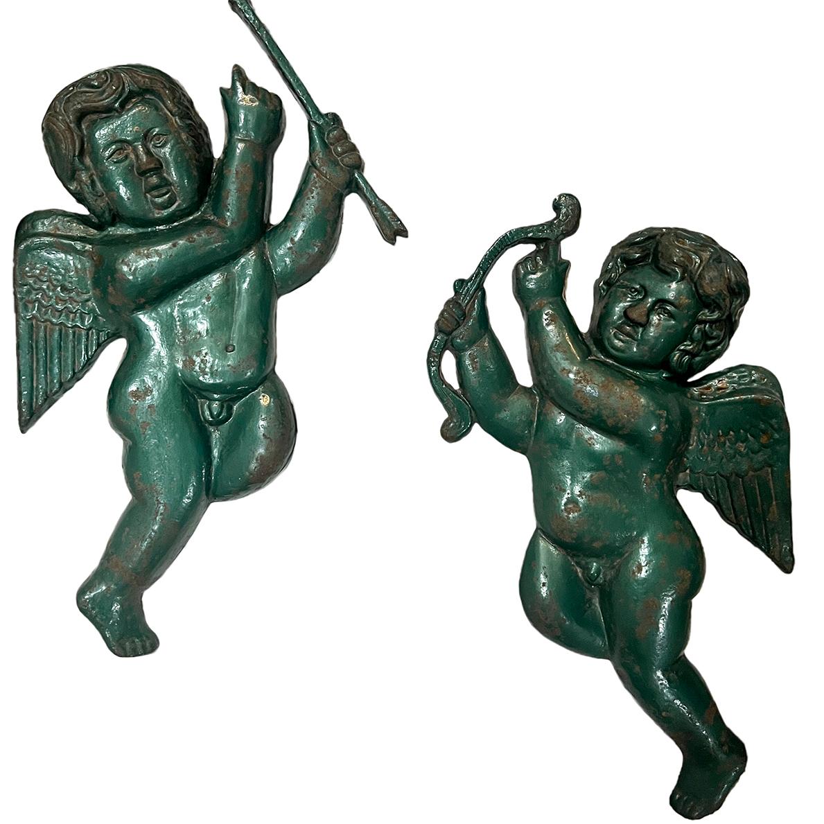 Pair of 1930's French cast and painted metal angel sconces with 2 interior lights each.

Measurements:
Height: 28”
Width: 17.5”
Depth: 4”