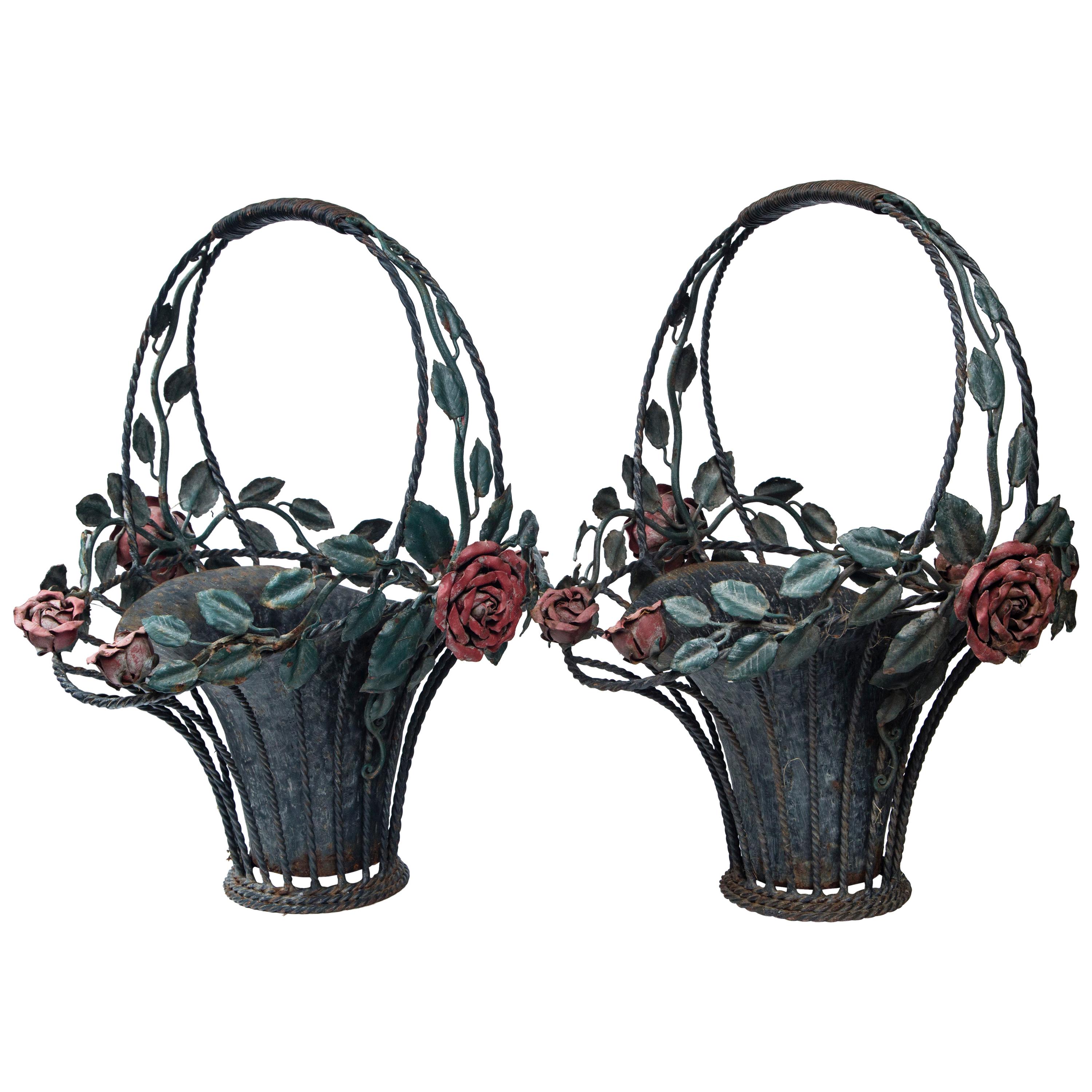 Pair of Painted Metal Flower Baskets For Sale at 1stDibs flower