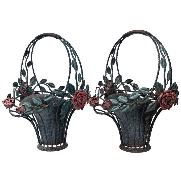 Pair of Painted Metal Flower Baskets For Sale at 1stDibs flower