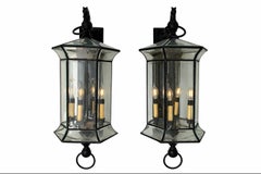 Pair of Painted Metal Outdoor Lanterns with Horse Head Finials, 1980s