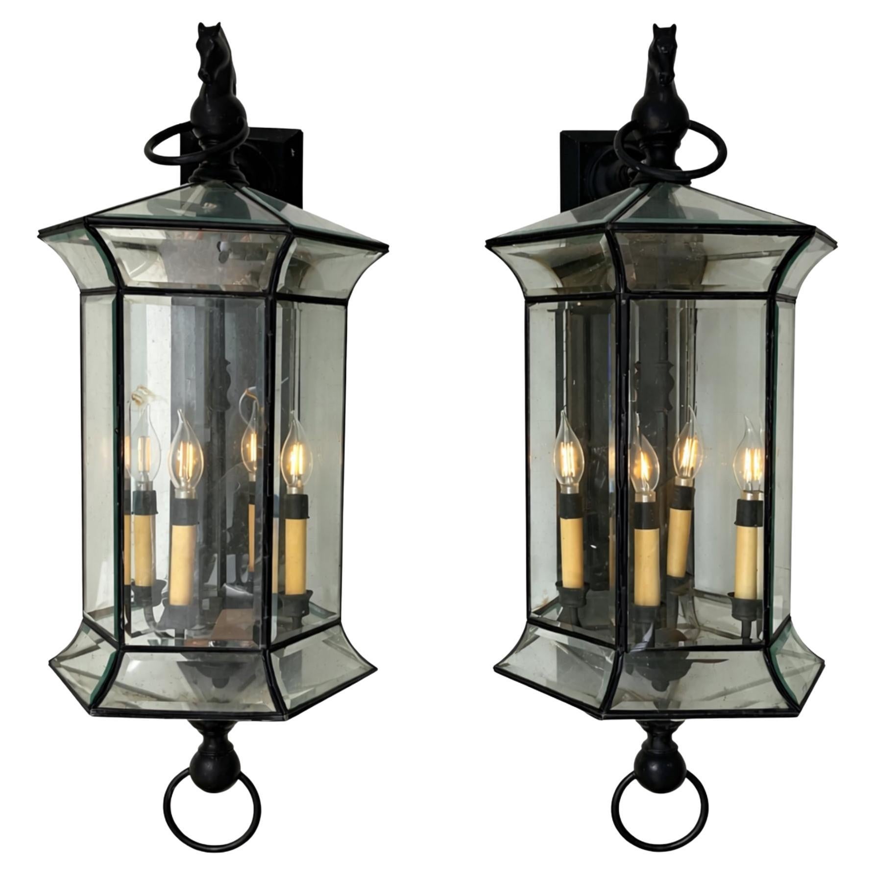 Pair of Painted Metal Outdoor Lanterns with Horse Head Finials, 1980s in vendita