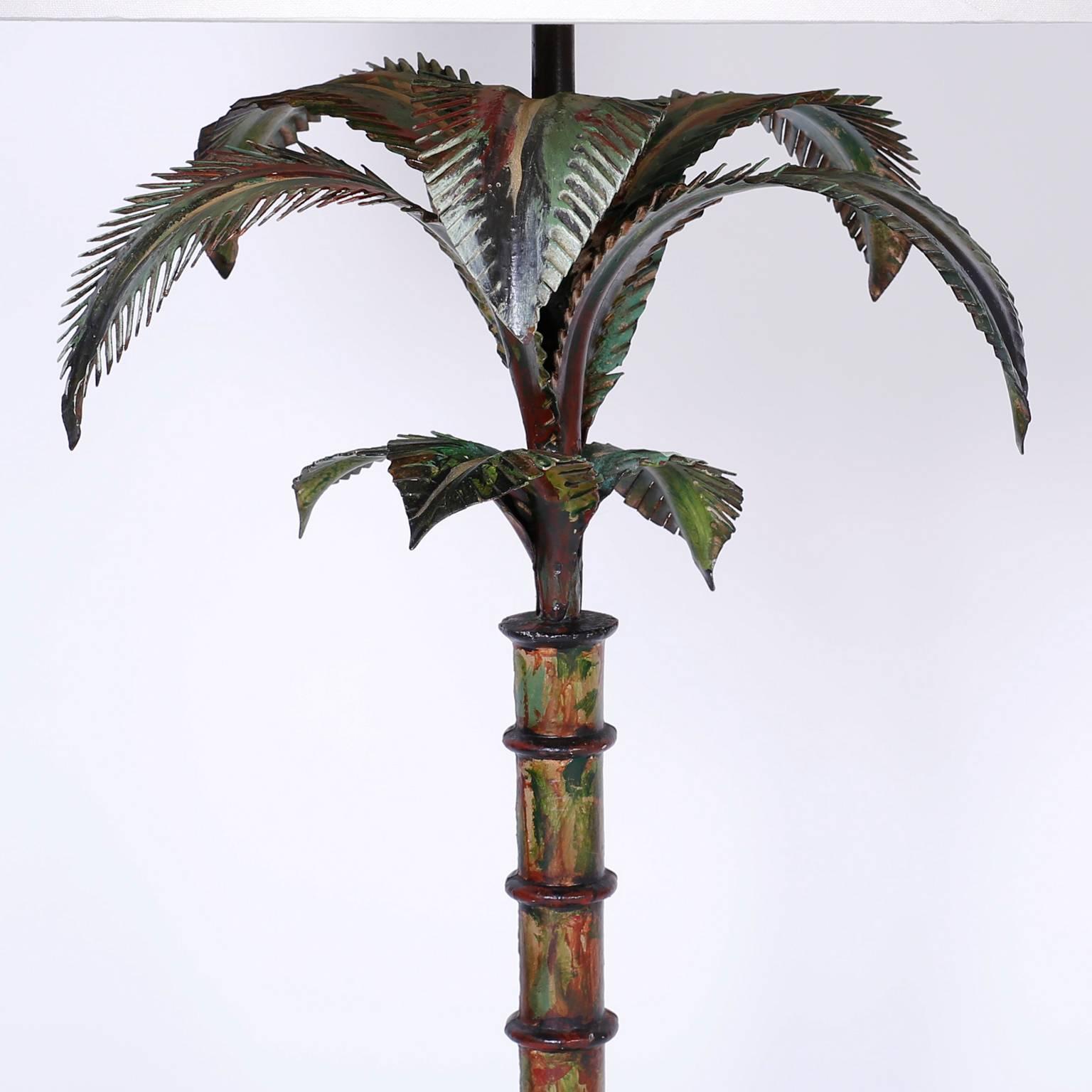 British Colonial Pair of Painted Metal Palm Tree Lamps