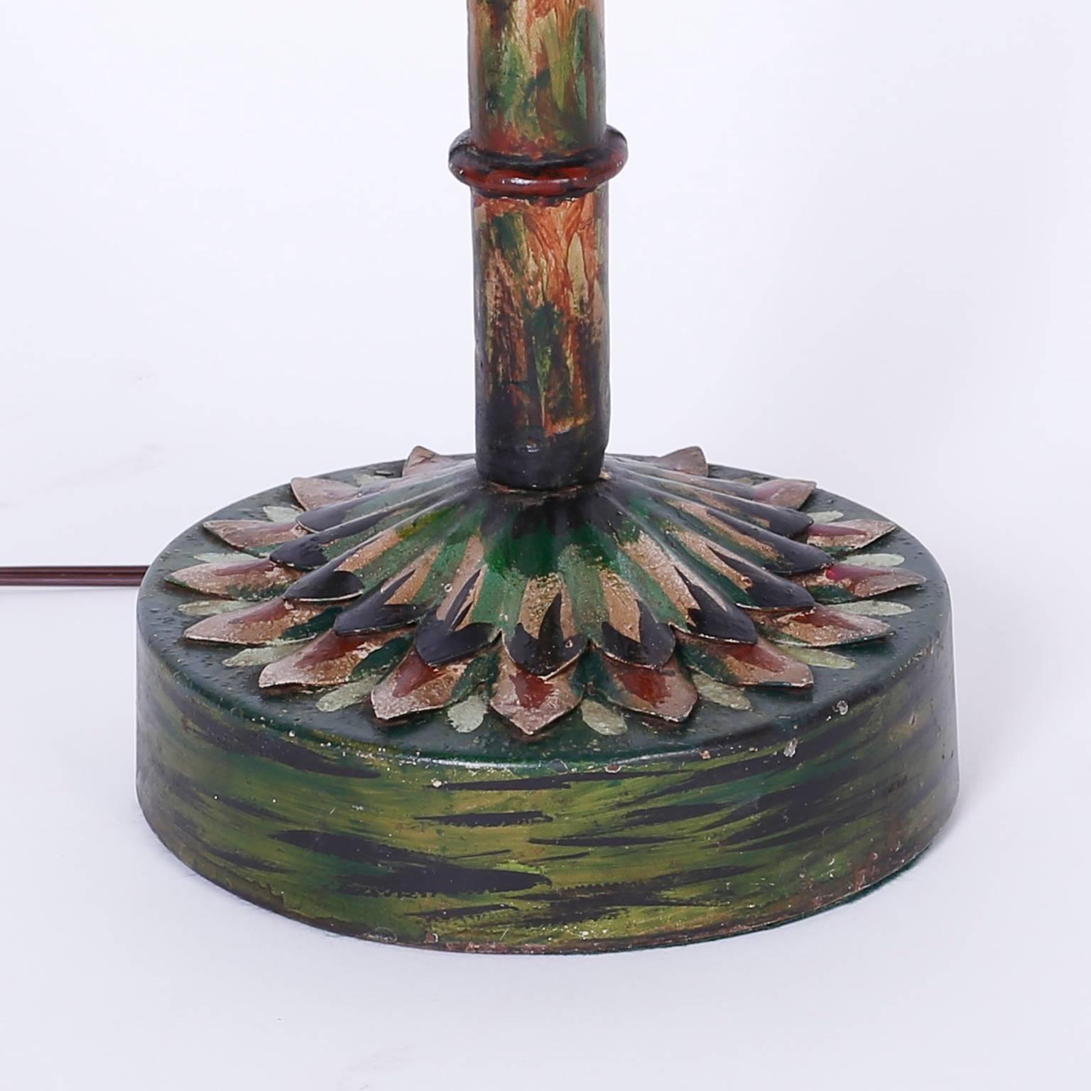 Pair of Painted Metal Palm Tree Lamps In Excellent Condition In Palm Beach, FL