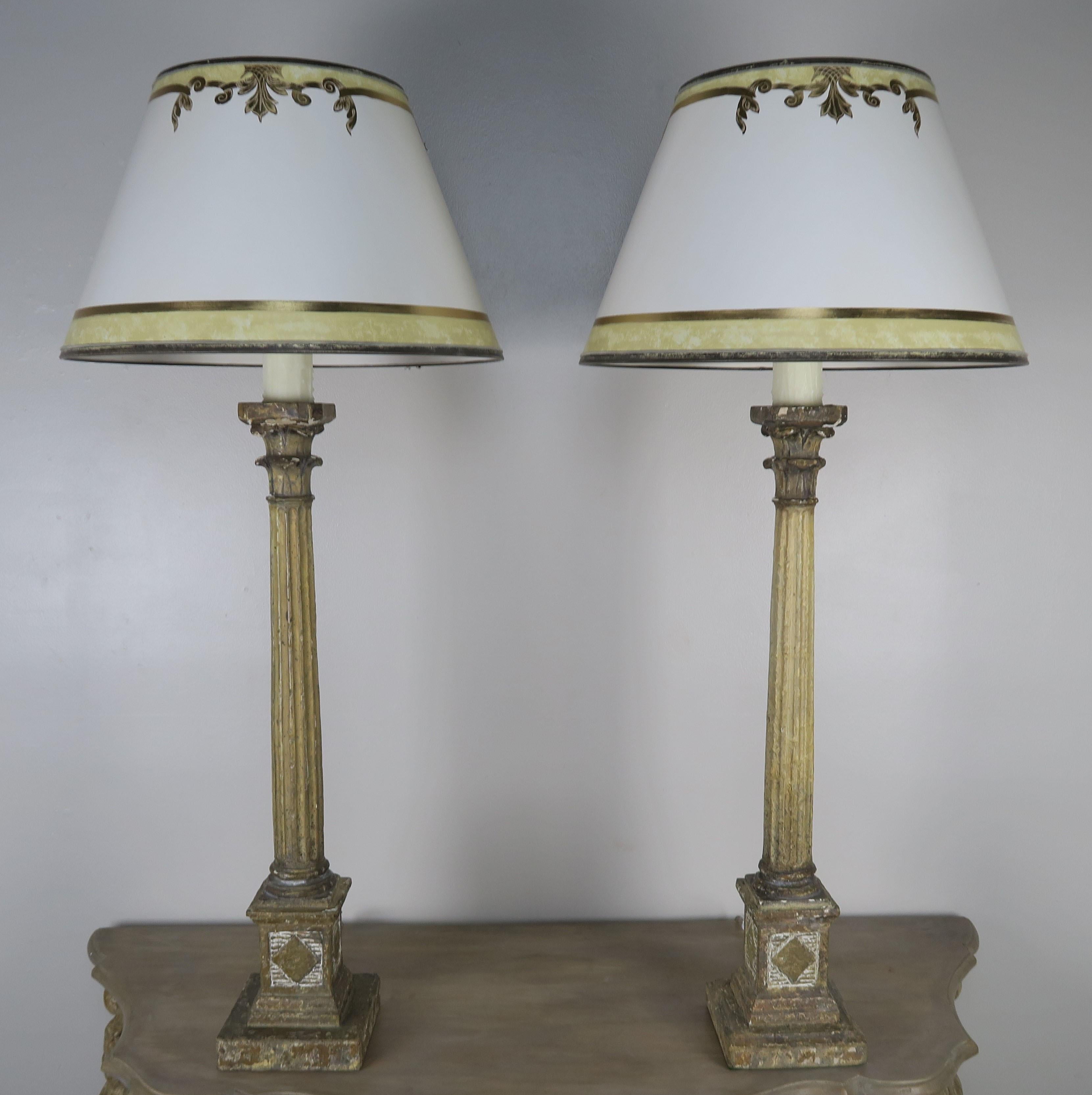 Pair of Painted Neoclassical Lamps with Parchment Shades 5