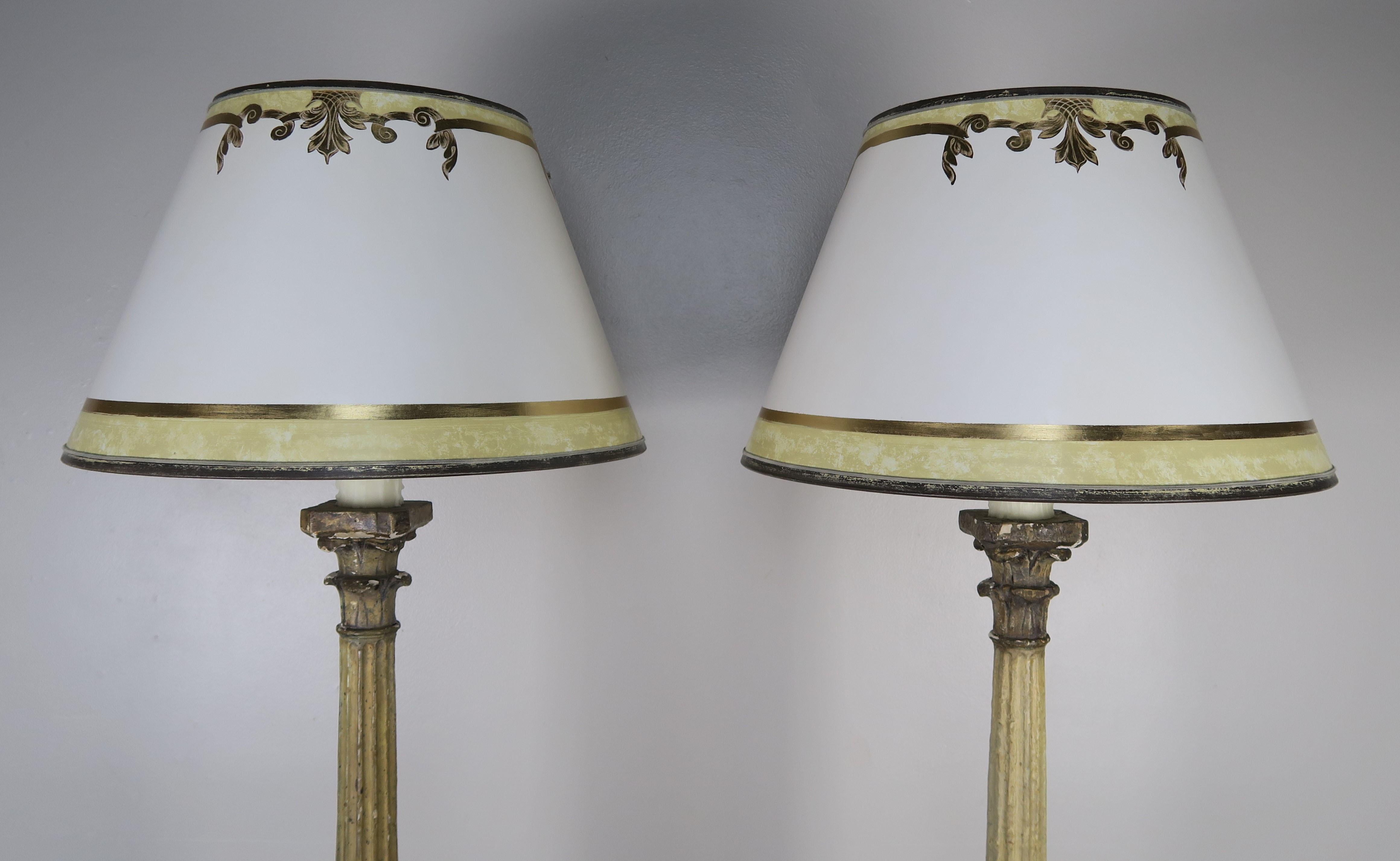 Pair of Painted Neoclassical Lamps with Parchment Shades 2