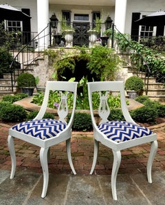 Pair of Painted Neoclassical Side Chairs In Chevron Linen