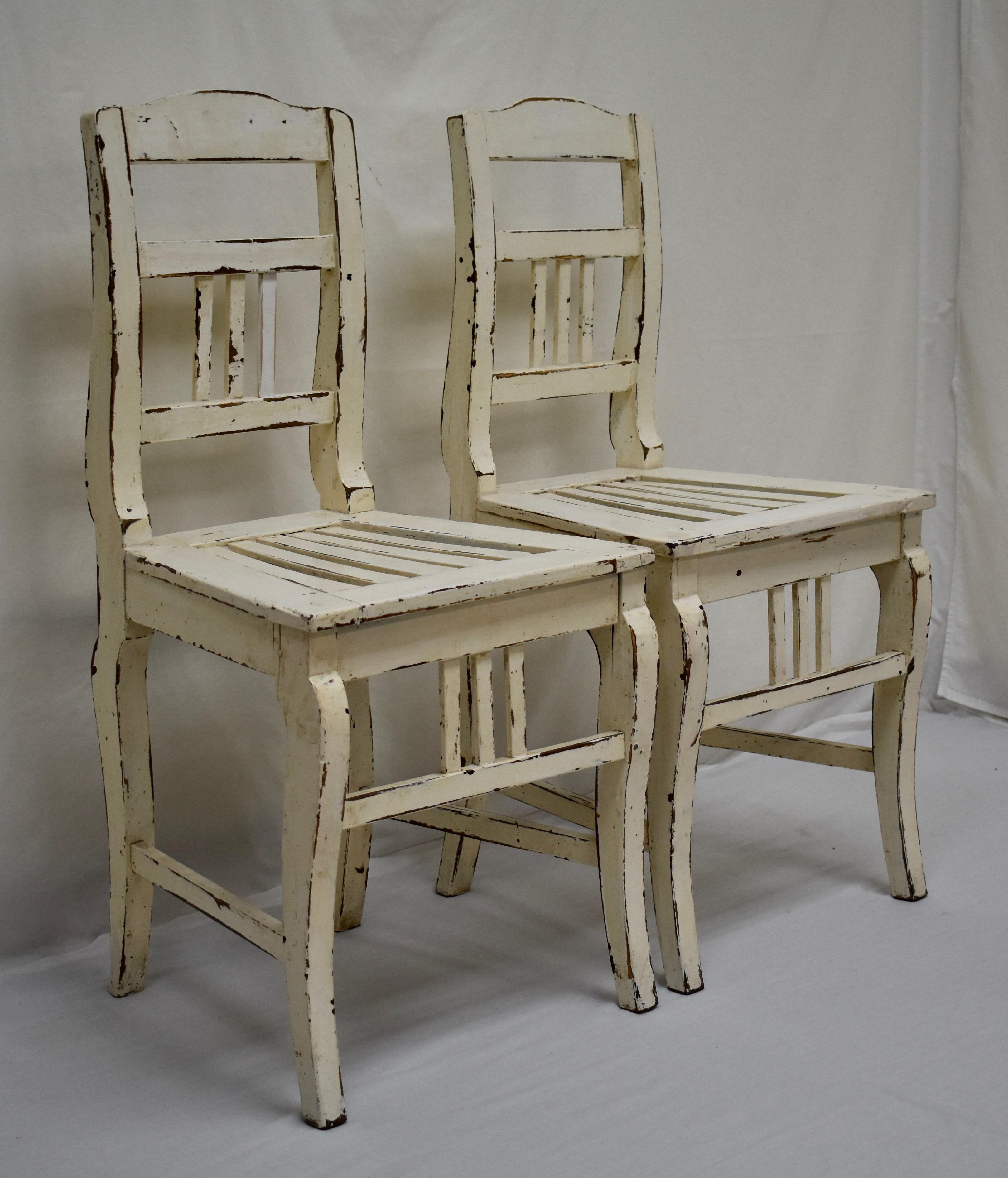Hungarian Pair of Painted Oak Country Side Chairs