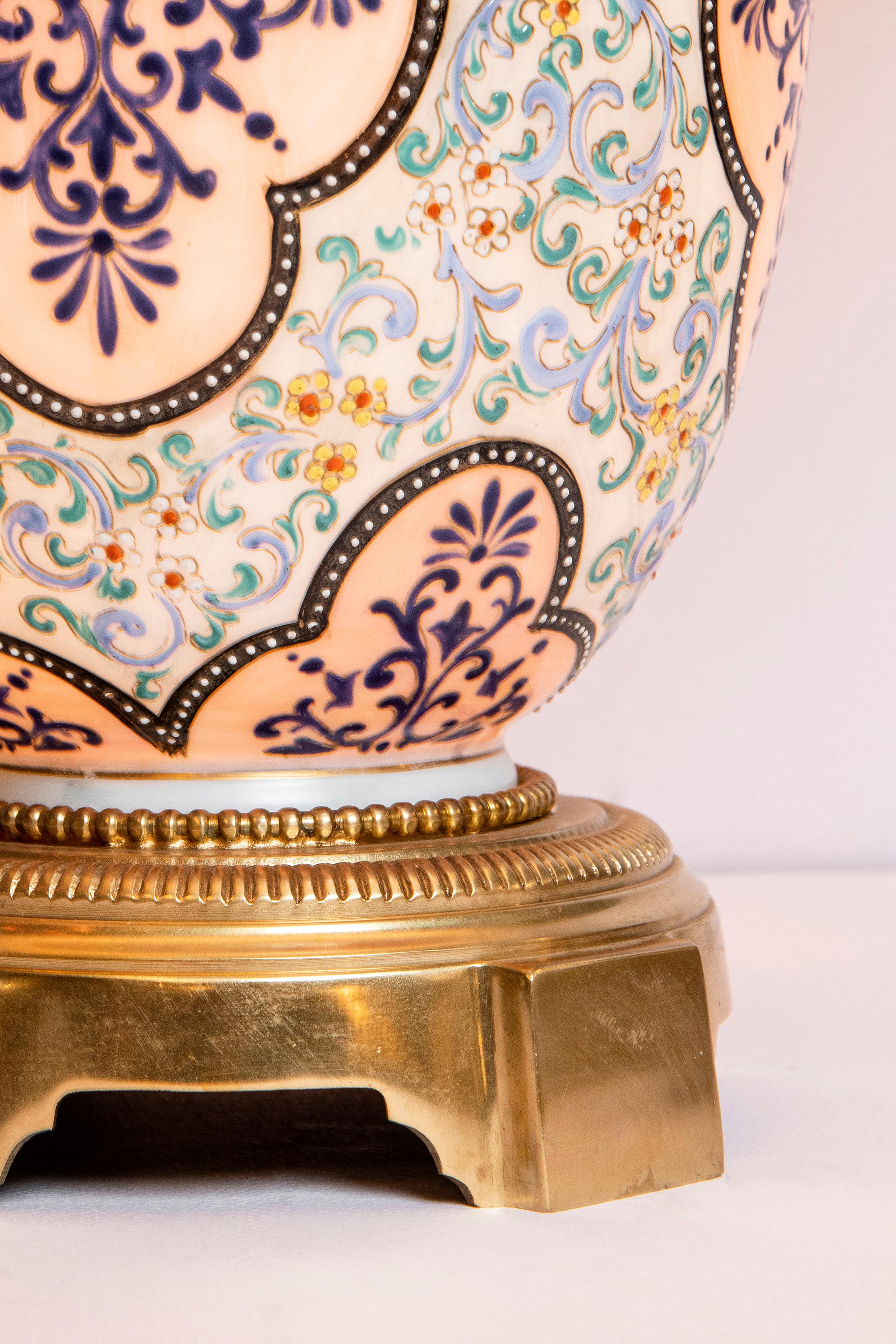 Islamic Pair of Painted Opaline and Bronze Table Lamps, Czech, Late 19th Century For Sale