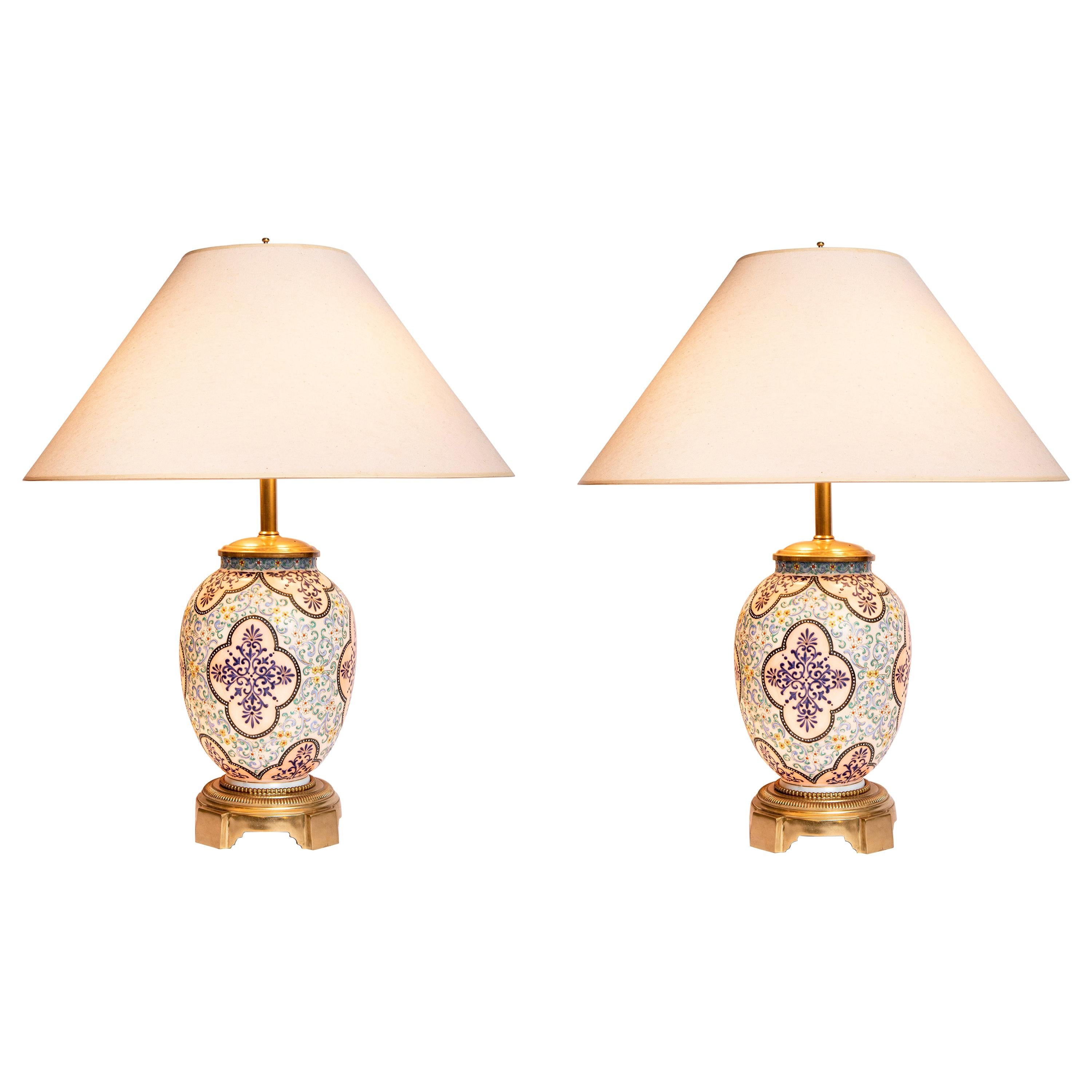 Pair of Painted Opaline and Bronze Table Lamps, Czech, Late 19th Century