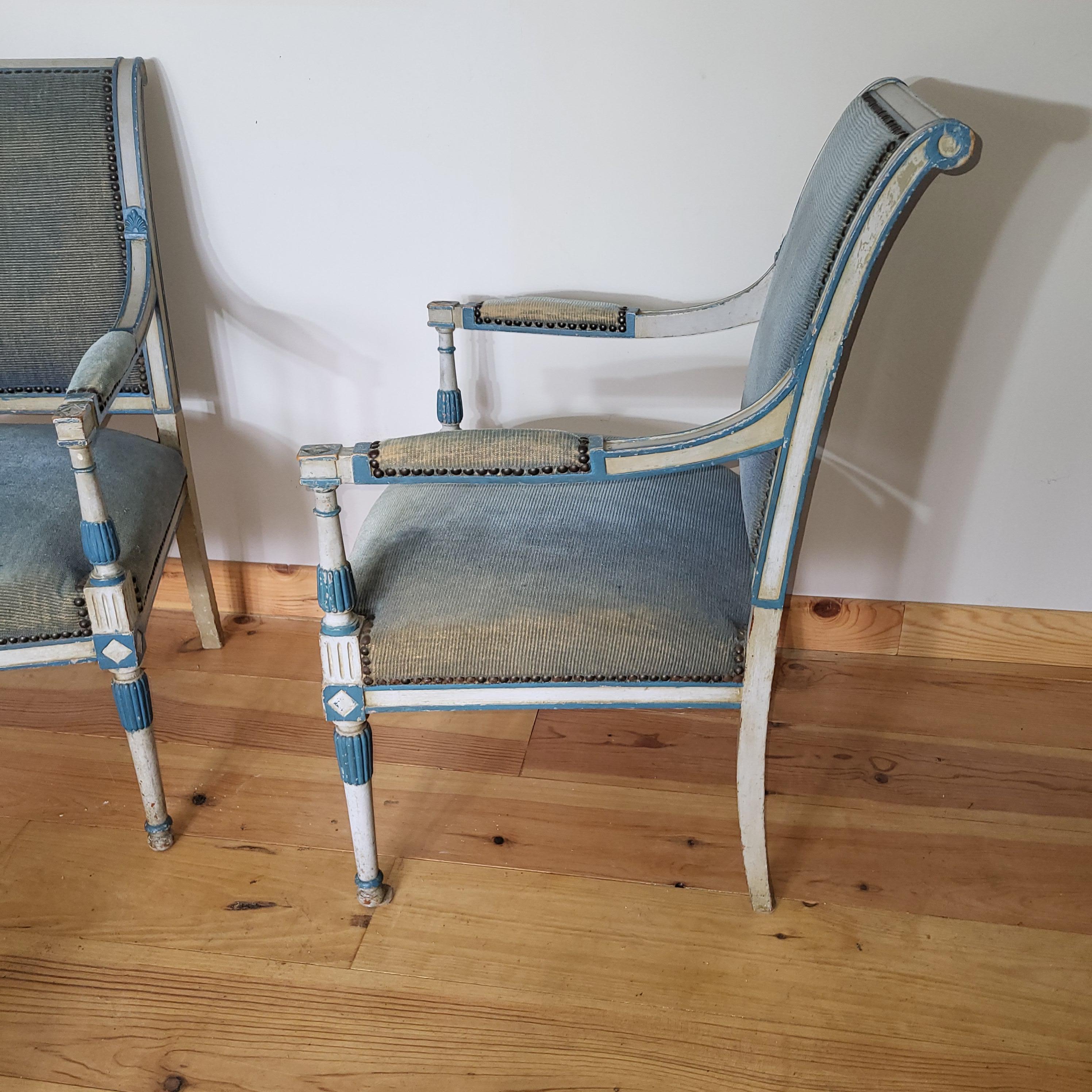 Painted Pair of painted open armchairs/ fauteuils For Sale