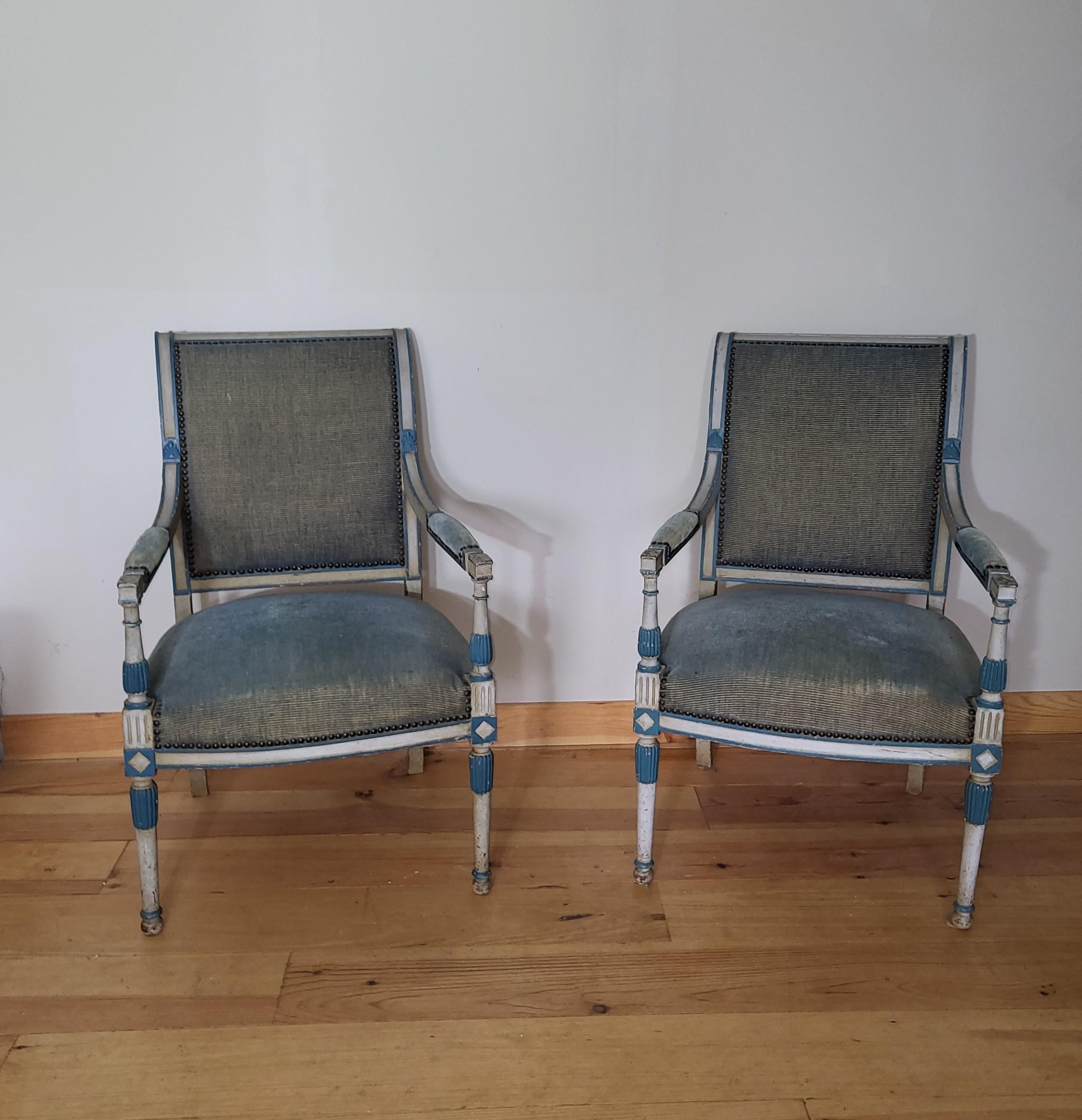 Beech Pair of painted open armchairs/ fauteuils For Sale