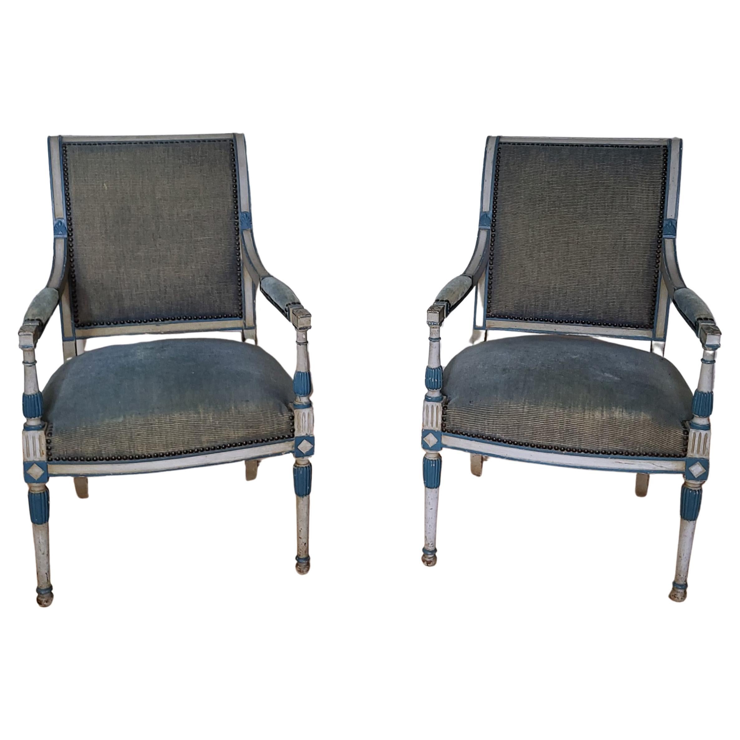 Pair of painted open armchairs/ fauteuils For Sale