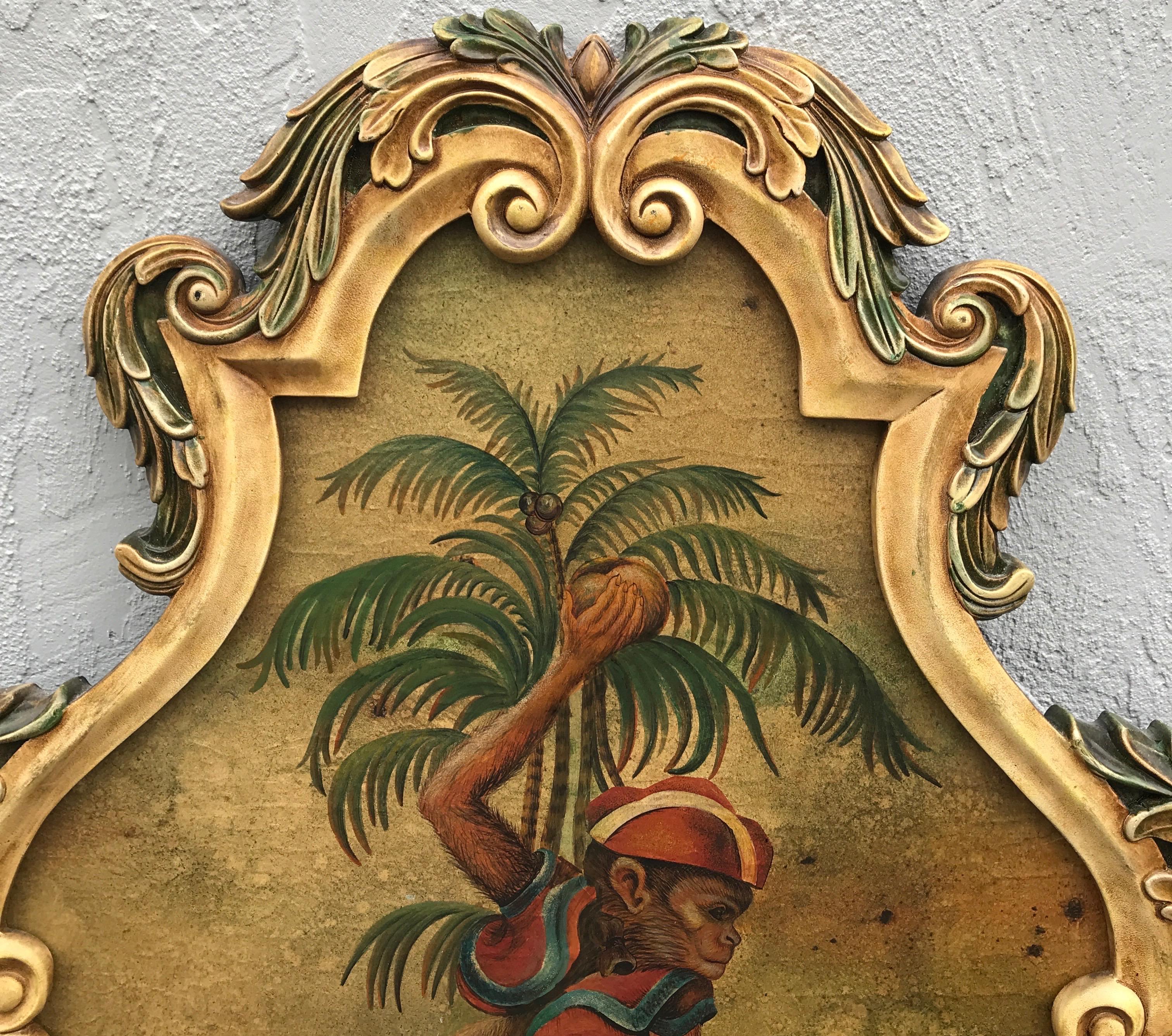 Pair of Painted Opposing Monkey & Palm Tree Wall Plaques 10