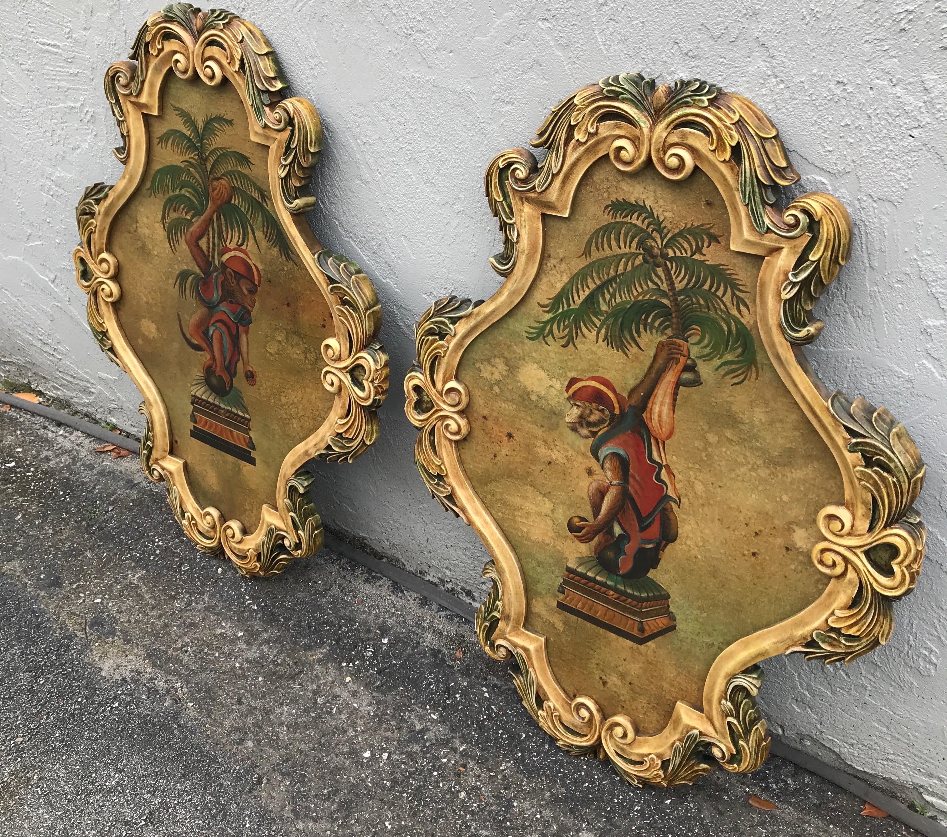 Whimsical pair of opposing monkey in Palm tree wall plaques.