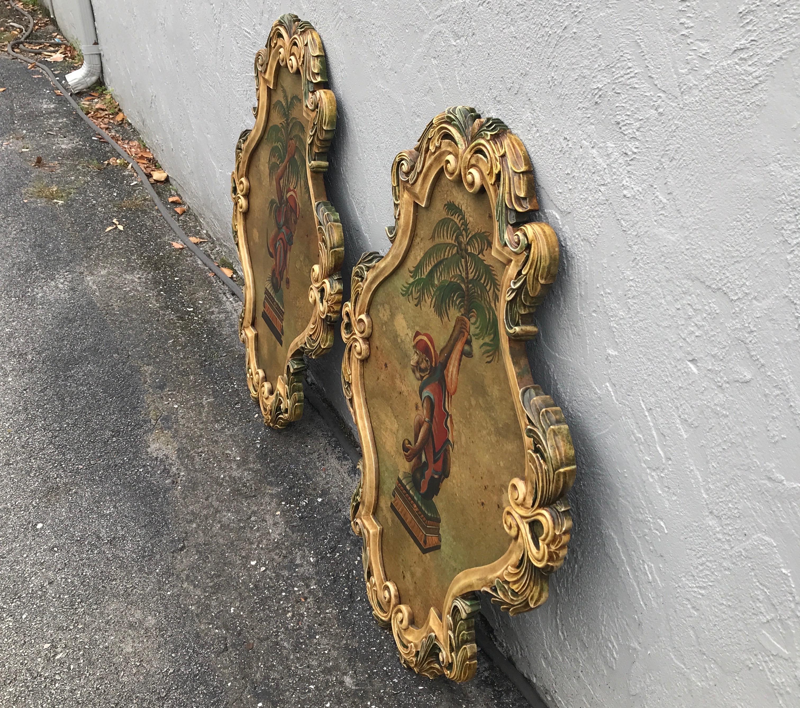 Pair of Painted Opposing Monkey & Palm Tree Wall Plaques In Good Condition In West Palm Beach, FL