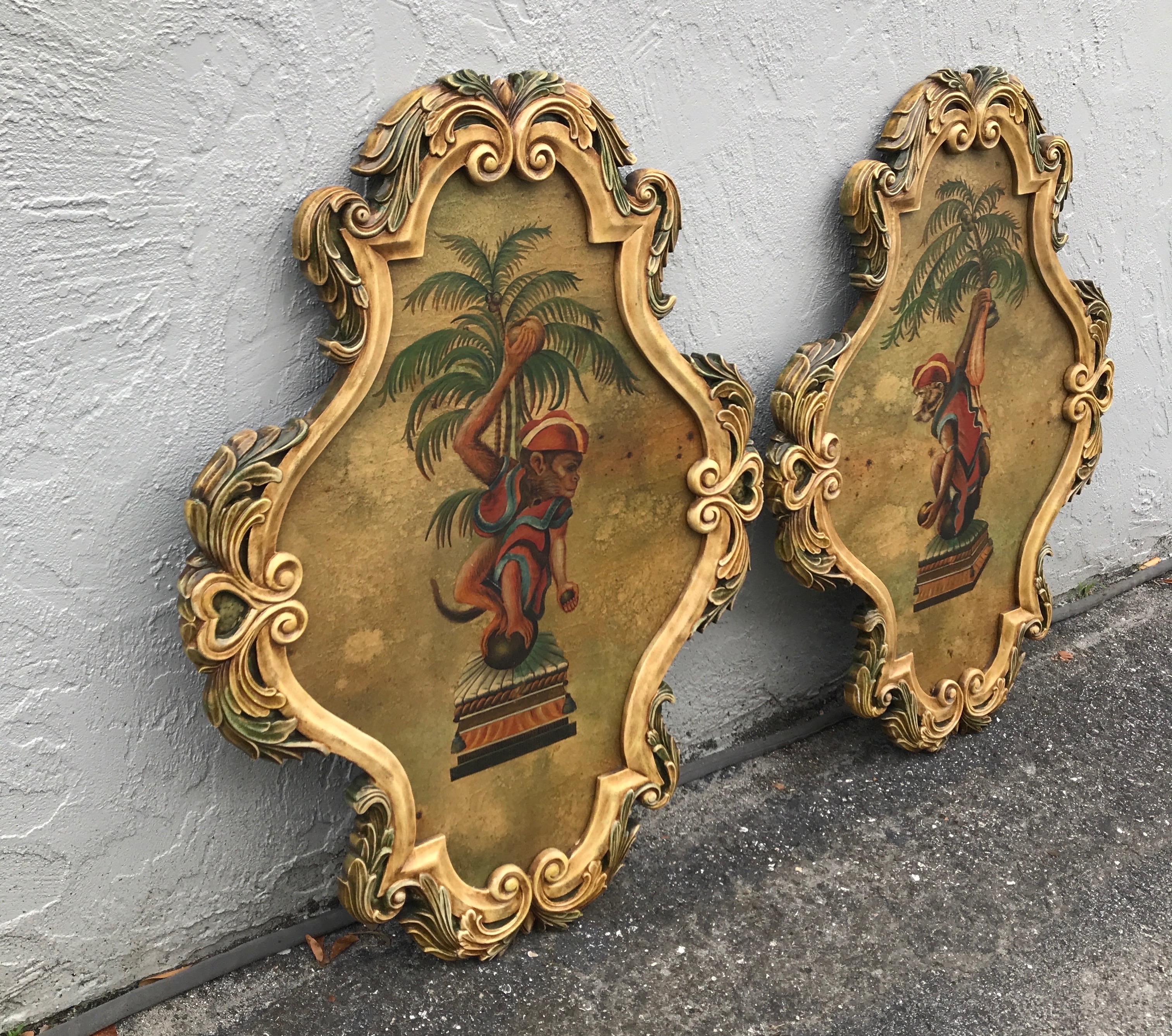 20th Century Pair of Painted Opposing Monkey & Palm Tree Wall Plaques